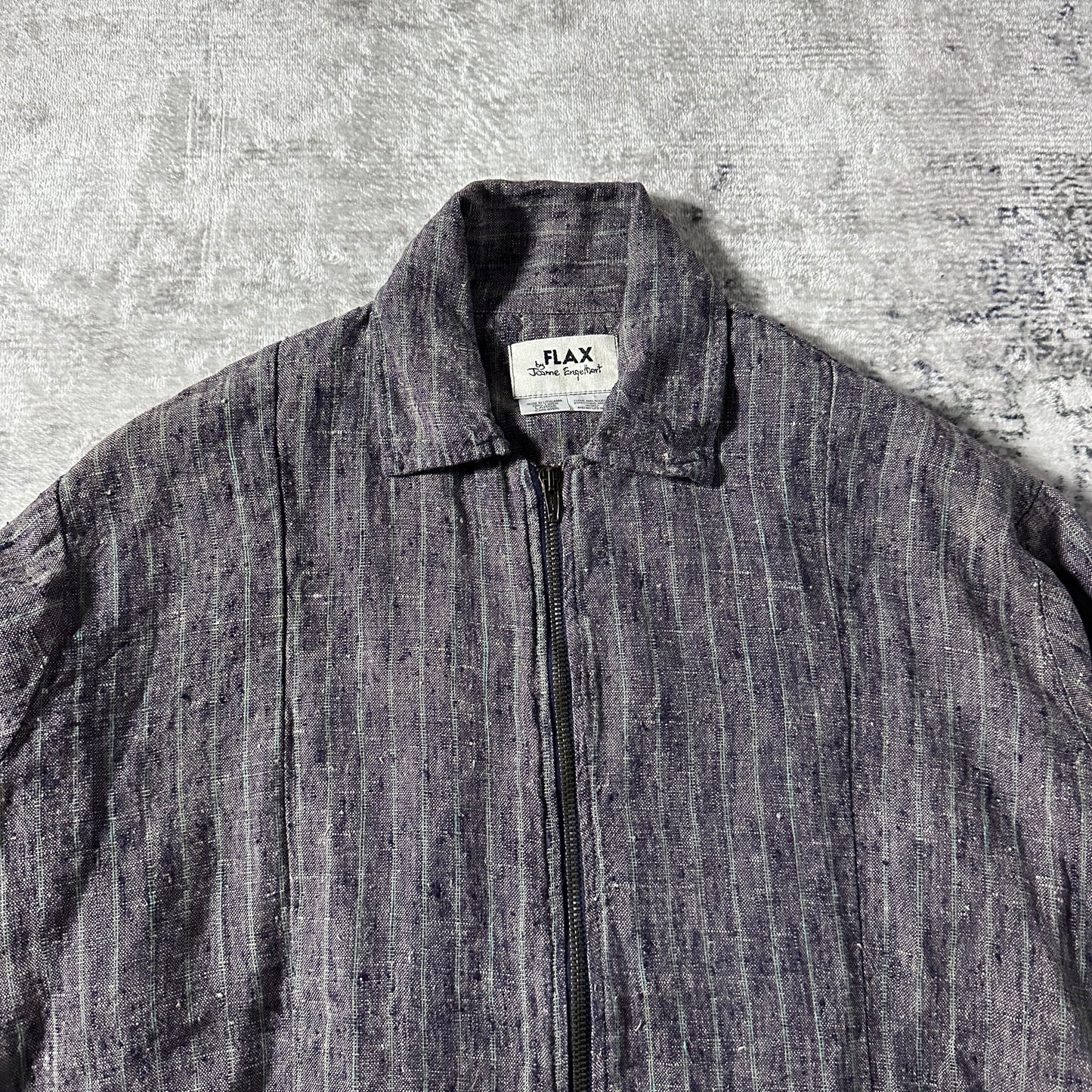 FLAX Linen Layered Zip Jacket – Grey Brown Woven Stripe, Size S