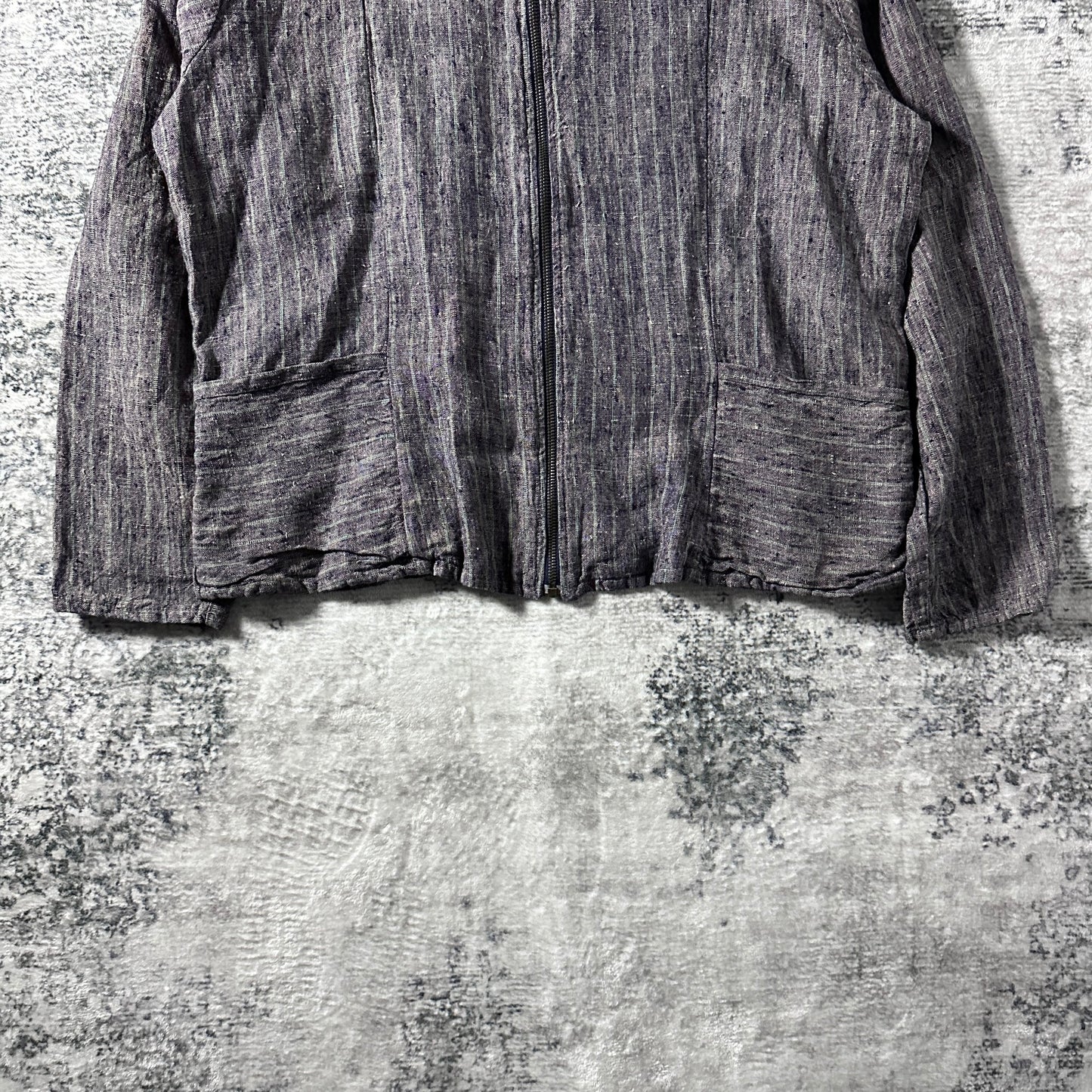 FLAX Linen Layered Zip Jacket – Grey Brown Woven Stripe, Size S