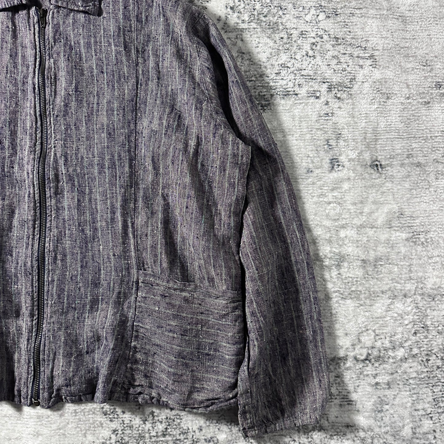 FLAX Linen Layered Zip Jacket – Grey Brown Woven Stripe, Size S