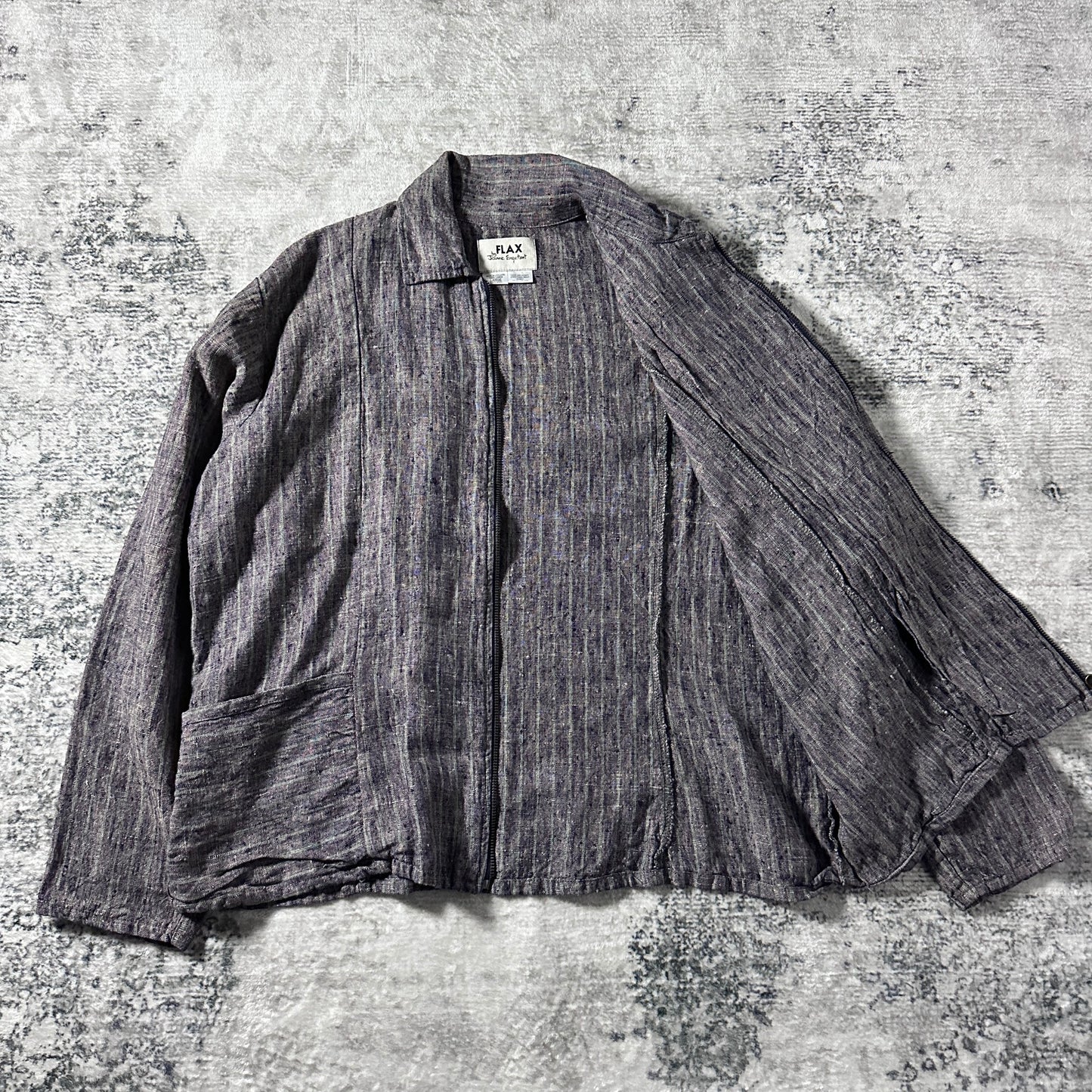 FLAX Linen Layered Zip Jacket – Grey Brown Woven Stripe, Size S