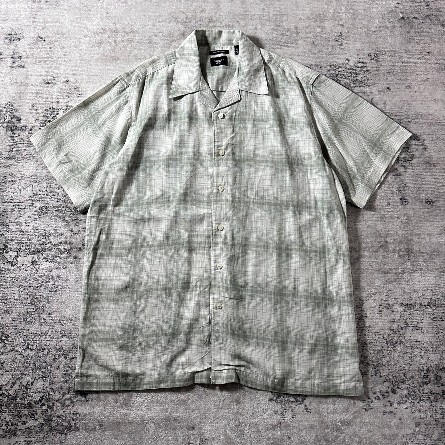 Linen Rayon Blend Pale Sage Check Open Collar Shirt – L
