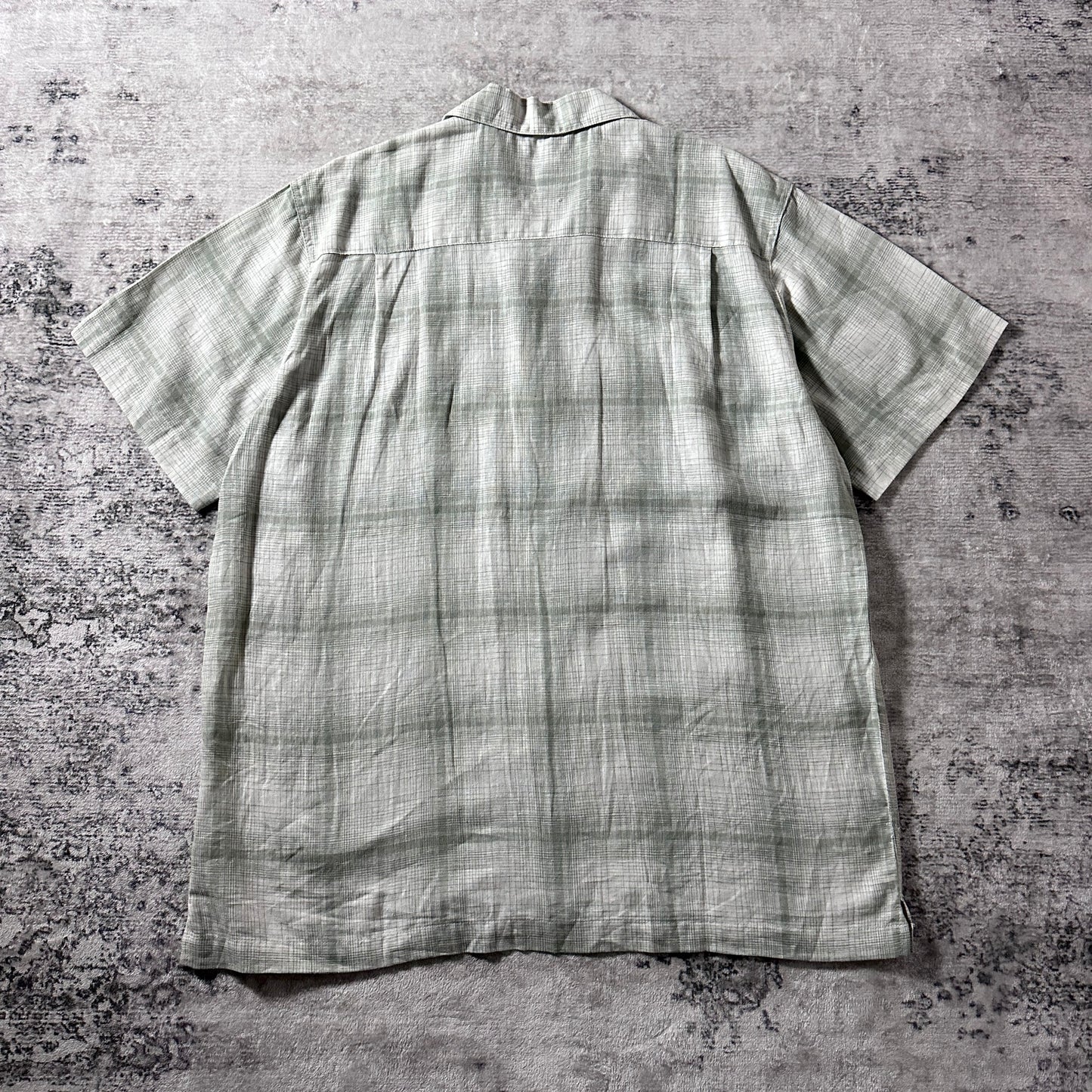 Linen Rayon Blend Pale Sage Check Open Collar Shirt – L
