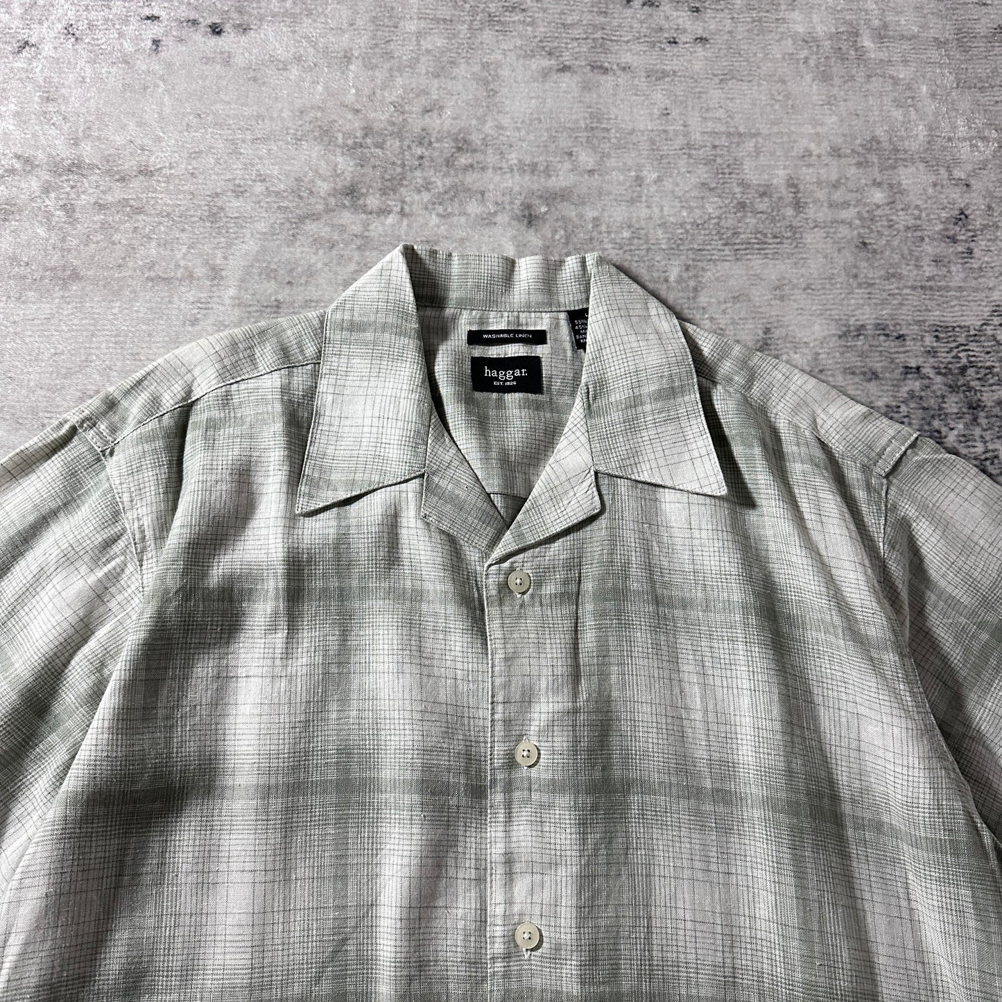 Linen Rayon Blend Pale Sage Check Open Collar Shirt – L