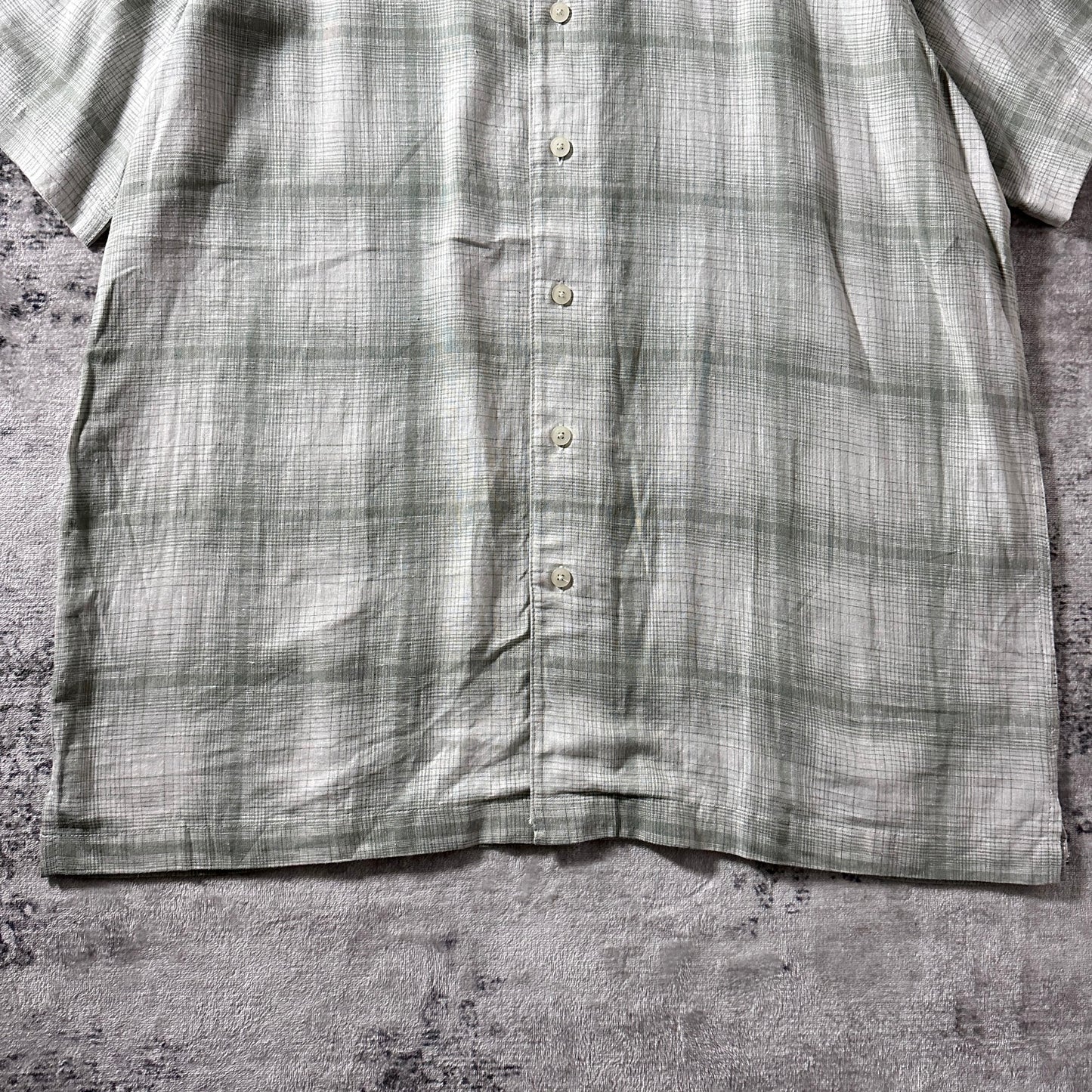 Linen Rayon Blend Pale Sage Check Open Collar Shirt – L