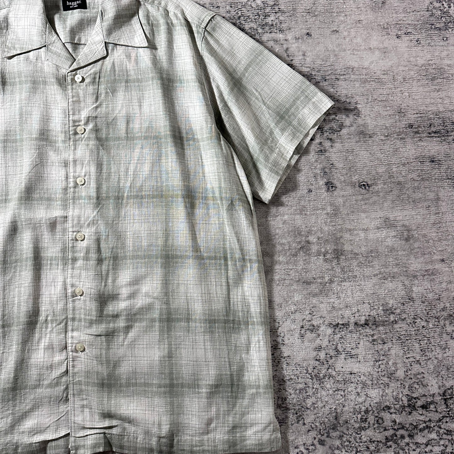 Linen Rayon Blend Pale Sage Check Open Collar Shirt – L