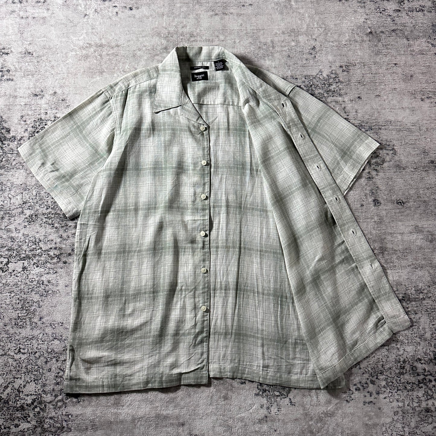 Linen Rayon Blend Pale Sage Check Open Collar Shirt – L