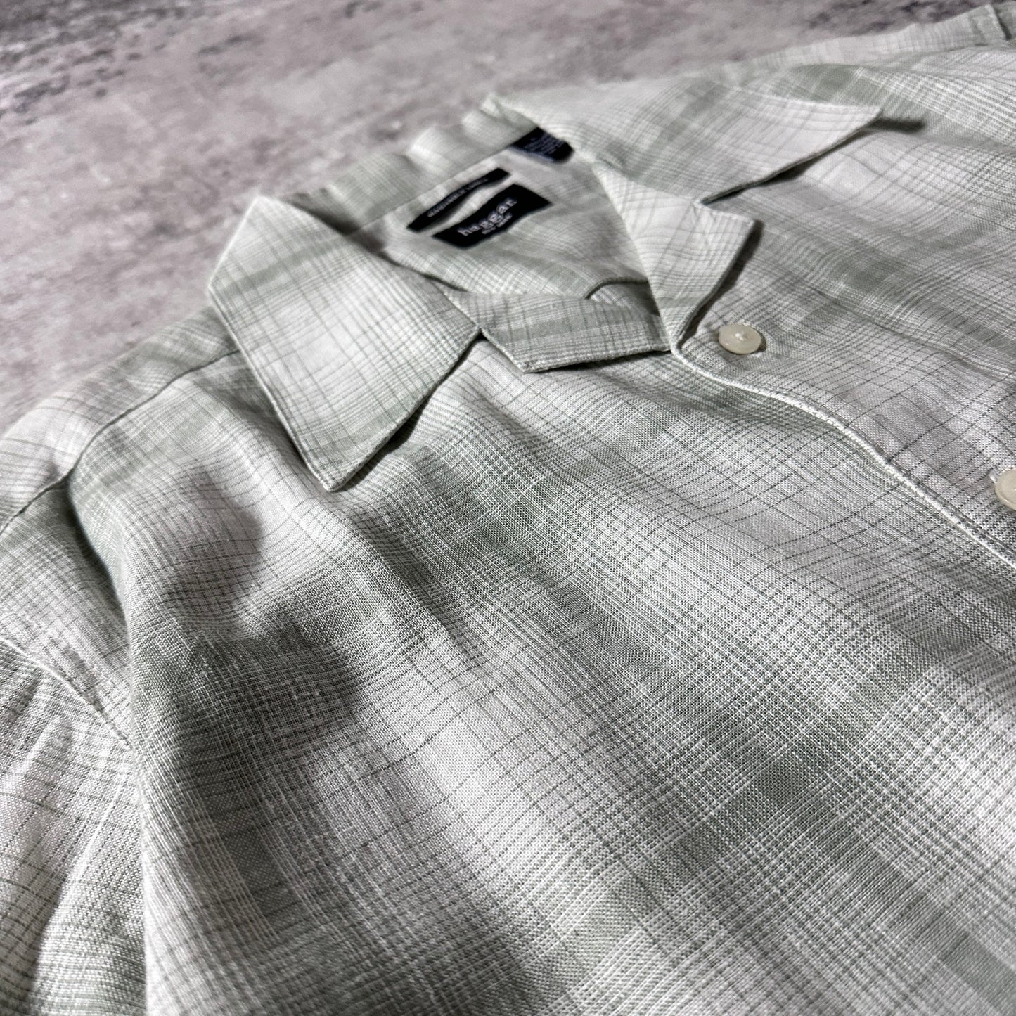 Linen Rayon Blend Pale Sage Check Open Collar Shirt – L