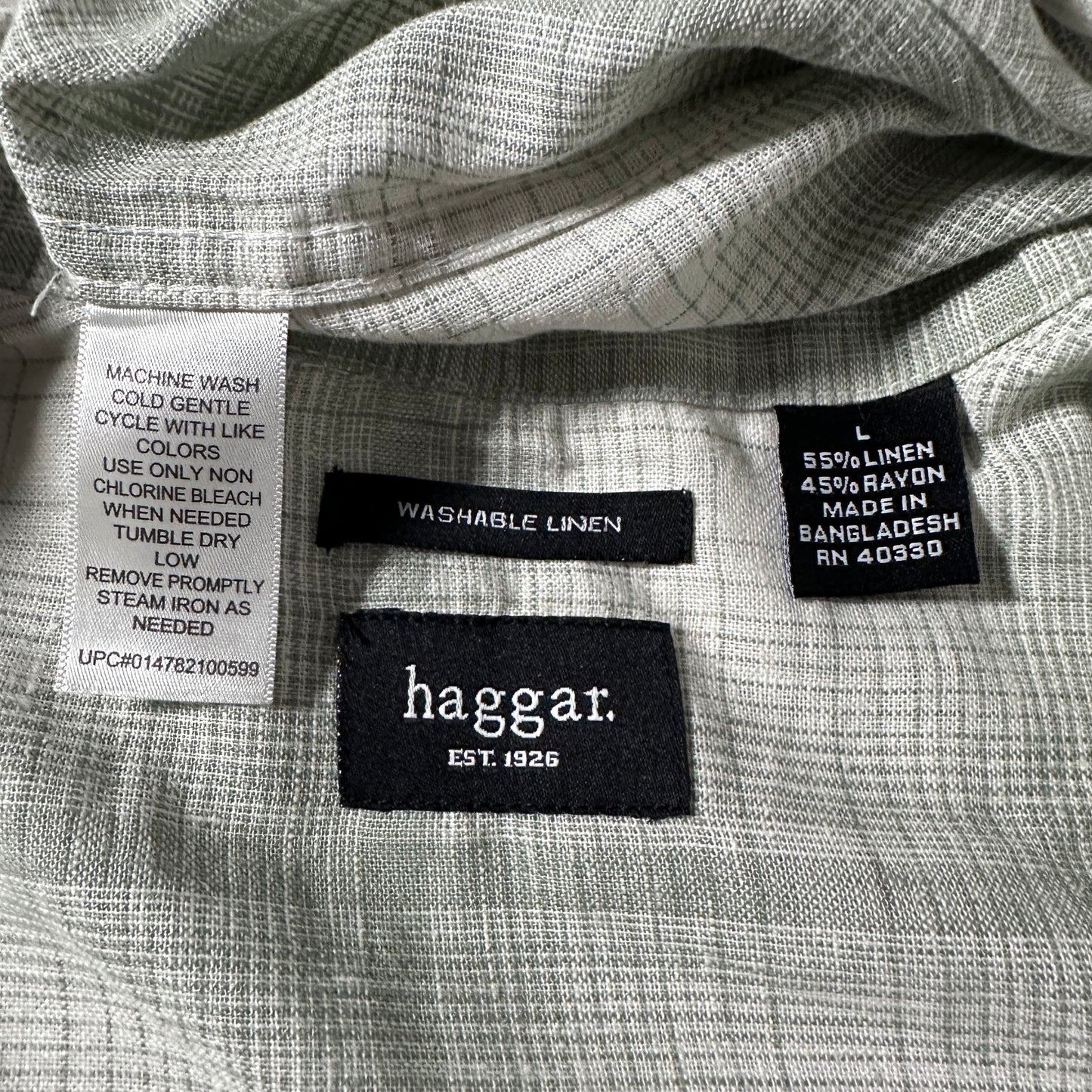 Linen Rayon Blend Pale Sage Check Open Collar Shirt – L