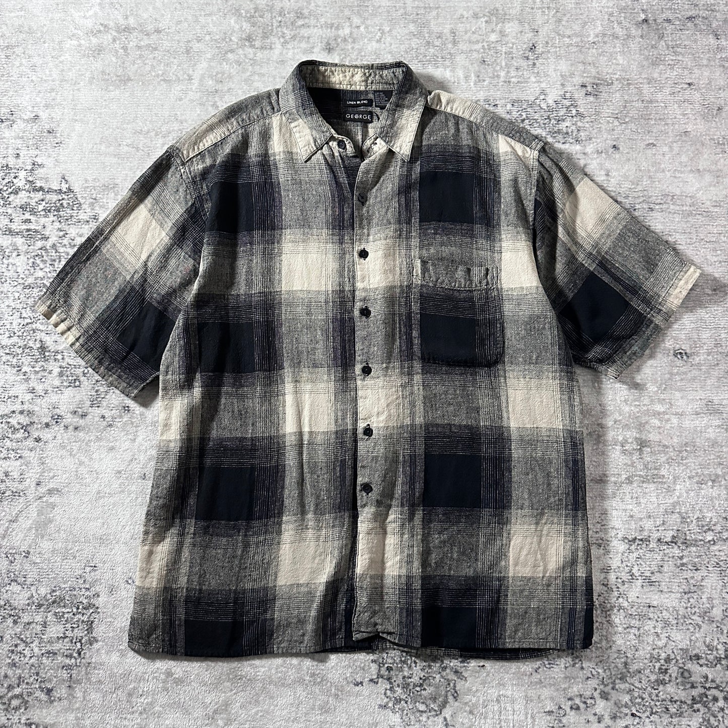 Linen Rayon Blend Black Gray Plaid Short Sleeve Shirt – L