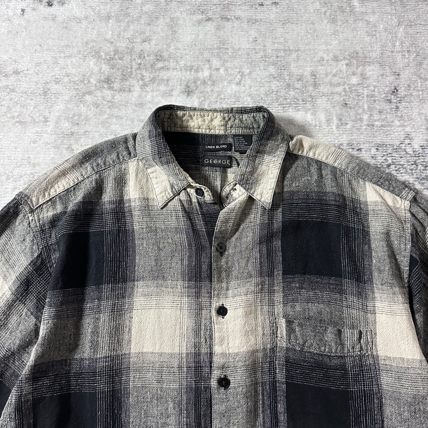 Linen Rayon Blend Black Gray Plaid Short Sleeve Shirt – L