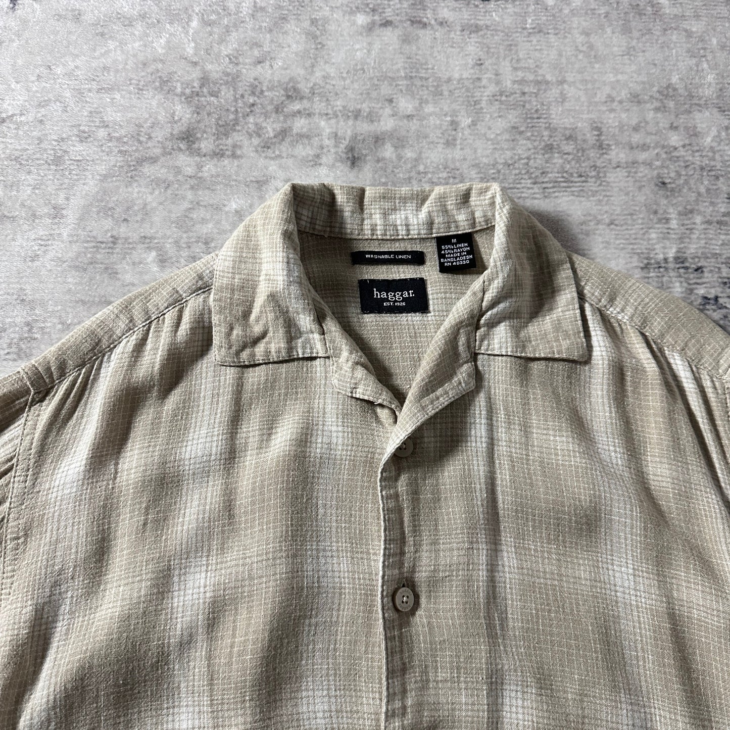 Haggar Linen Rayon Beige Check Short Sleeve Shirt – M