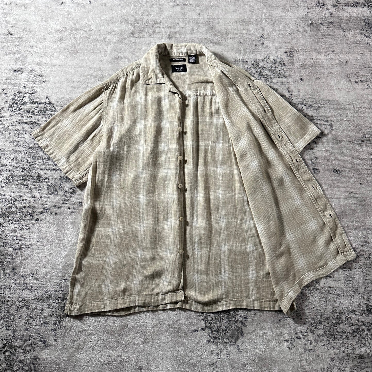 Haggar Linen Rayon Beige Check Short Sleeve Shirt – M
