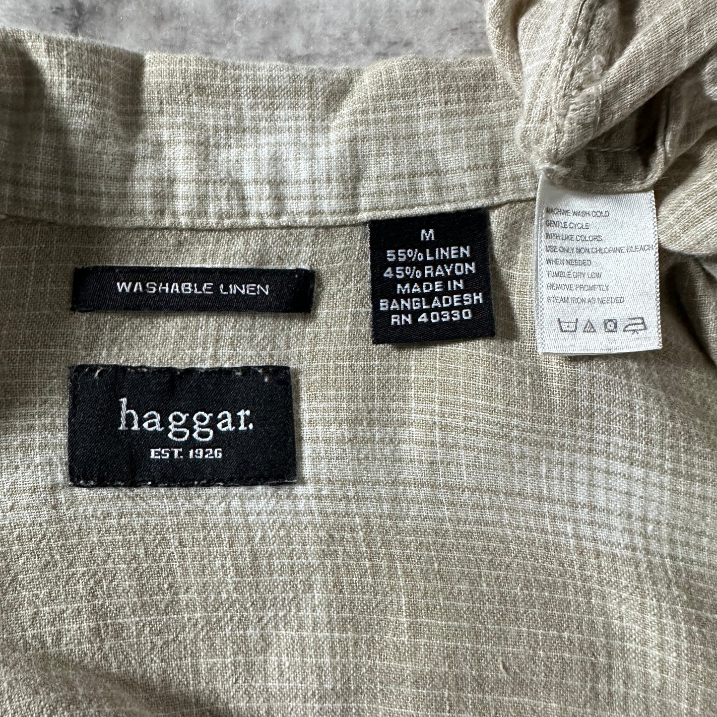 Haggar Linen Rayon Beige Check Short Sleeve Shirt – M