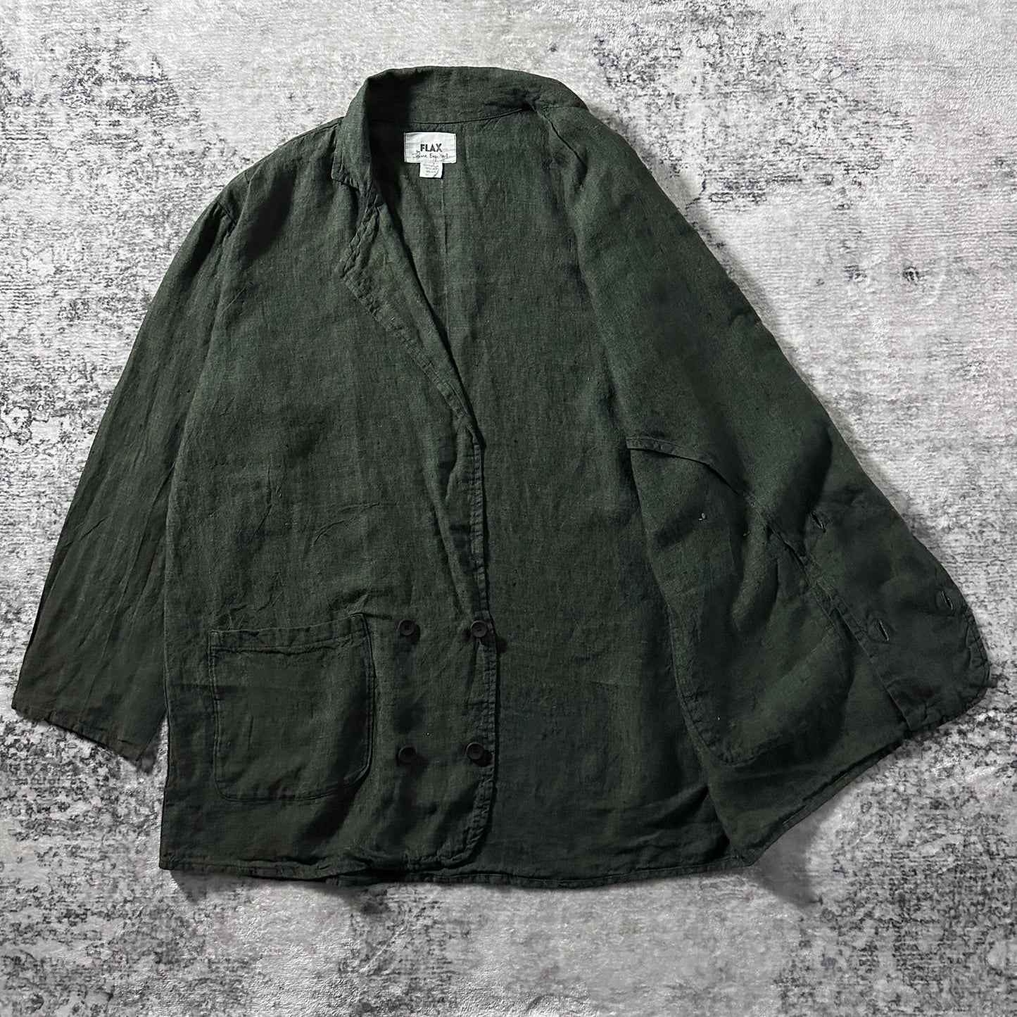 FLAX Linen Dark Green Double-Breasted Jacket – M