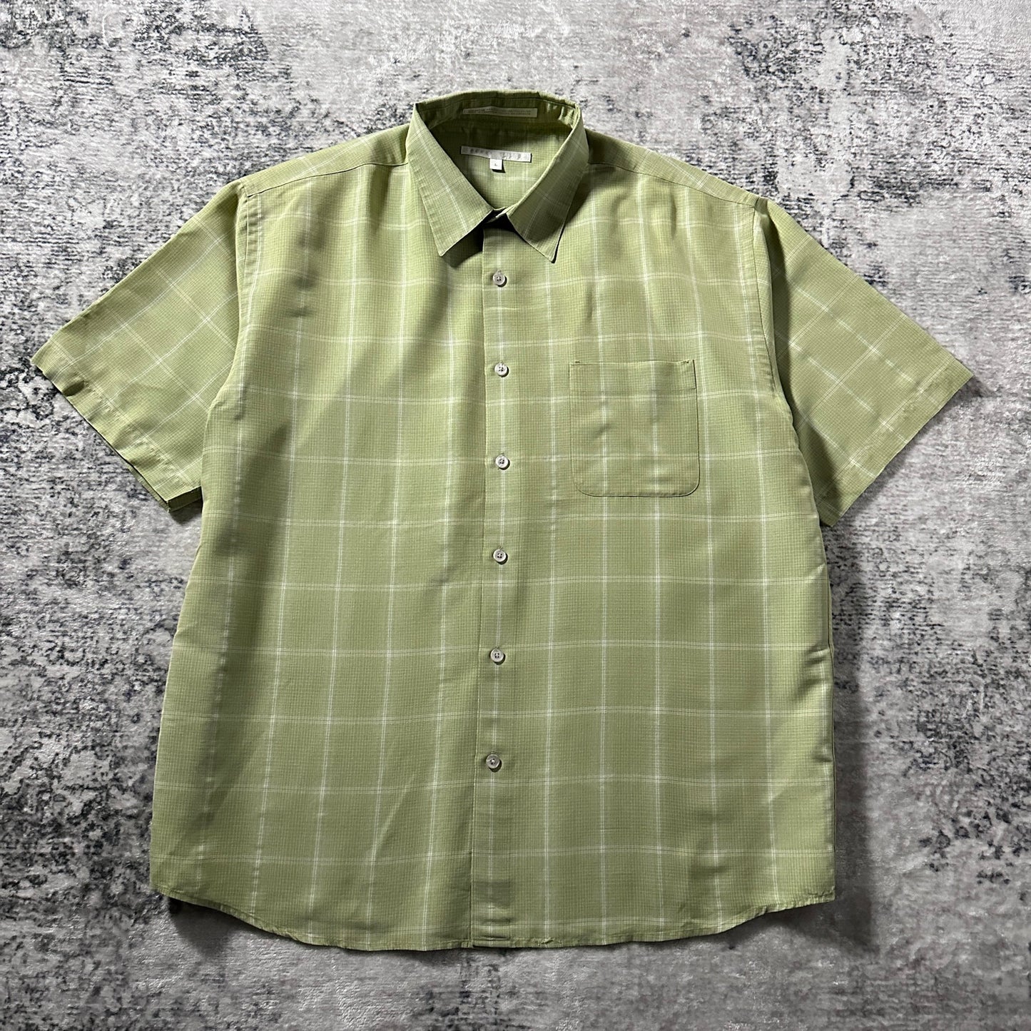 Perry Ellis Linen Blend Green Plaid Short Sleeve Shirt – L