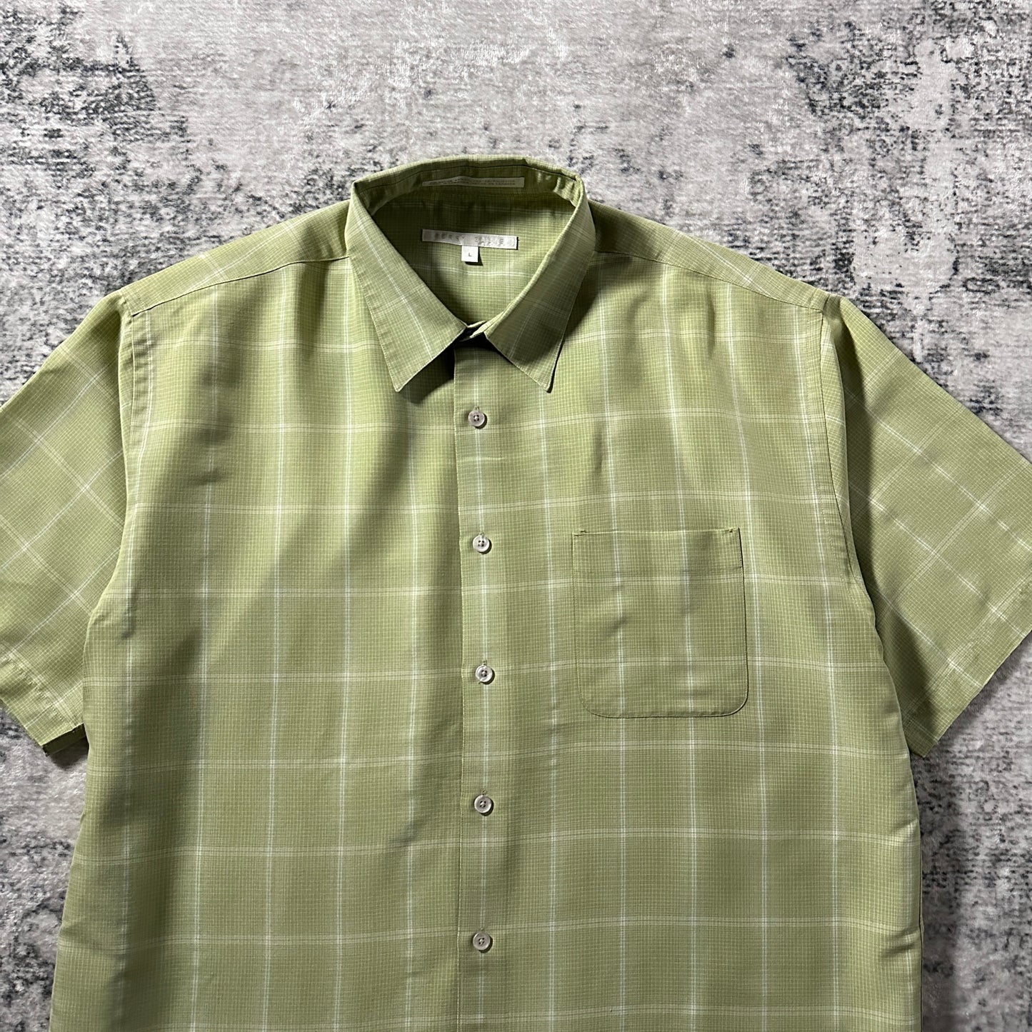 Perry Ellis Linen Blend Green Plaid Short Sleeve Shirt – L