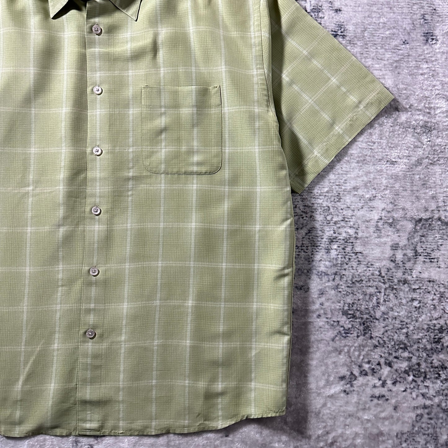 Perry Ellis Linen Blend Green Plaid Short Sleeve Shirt – L