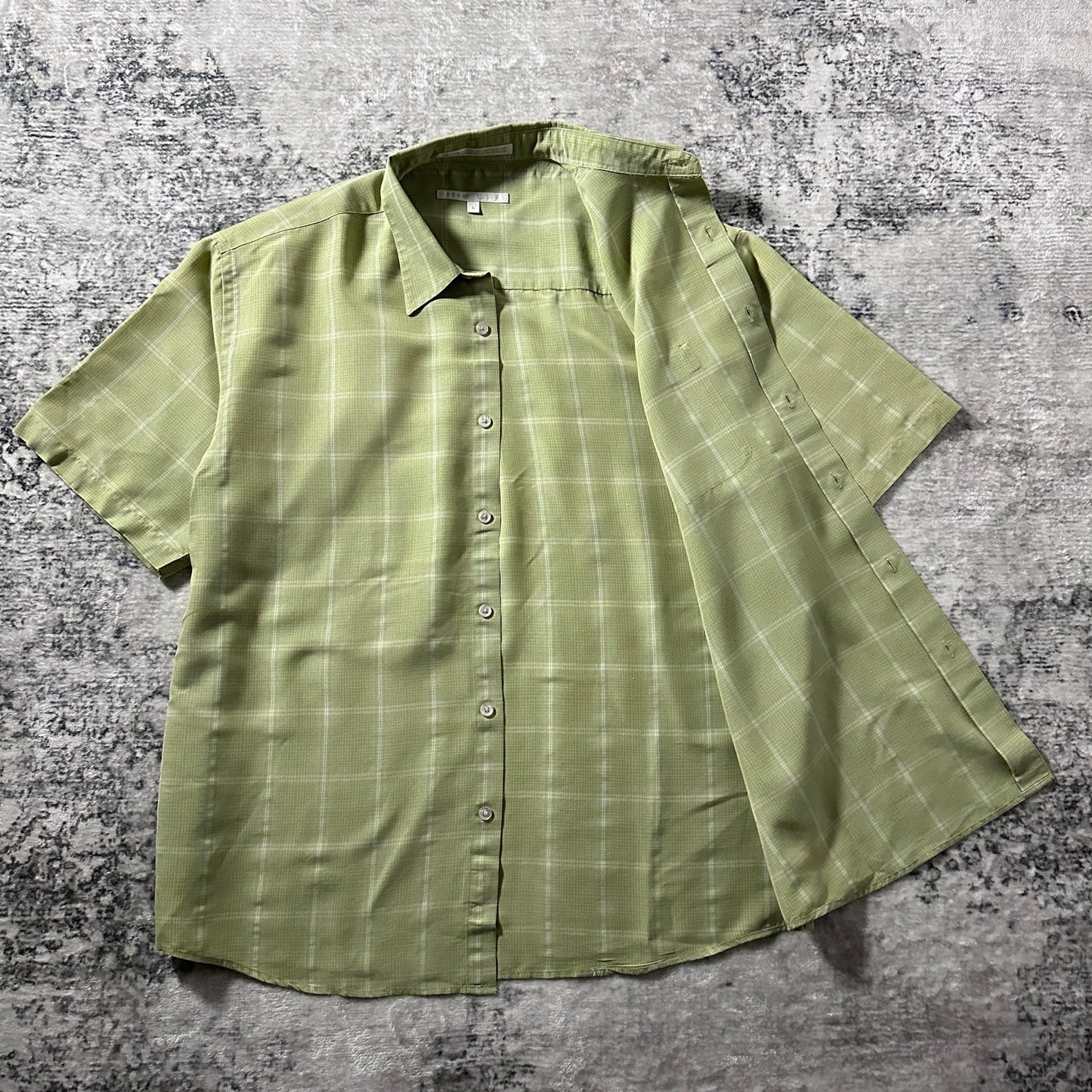 Perry Ellis Linen Blend Green Plaid Short Sleeve Shirt – L
