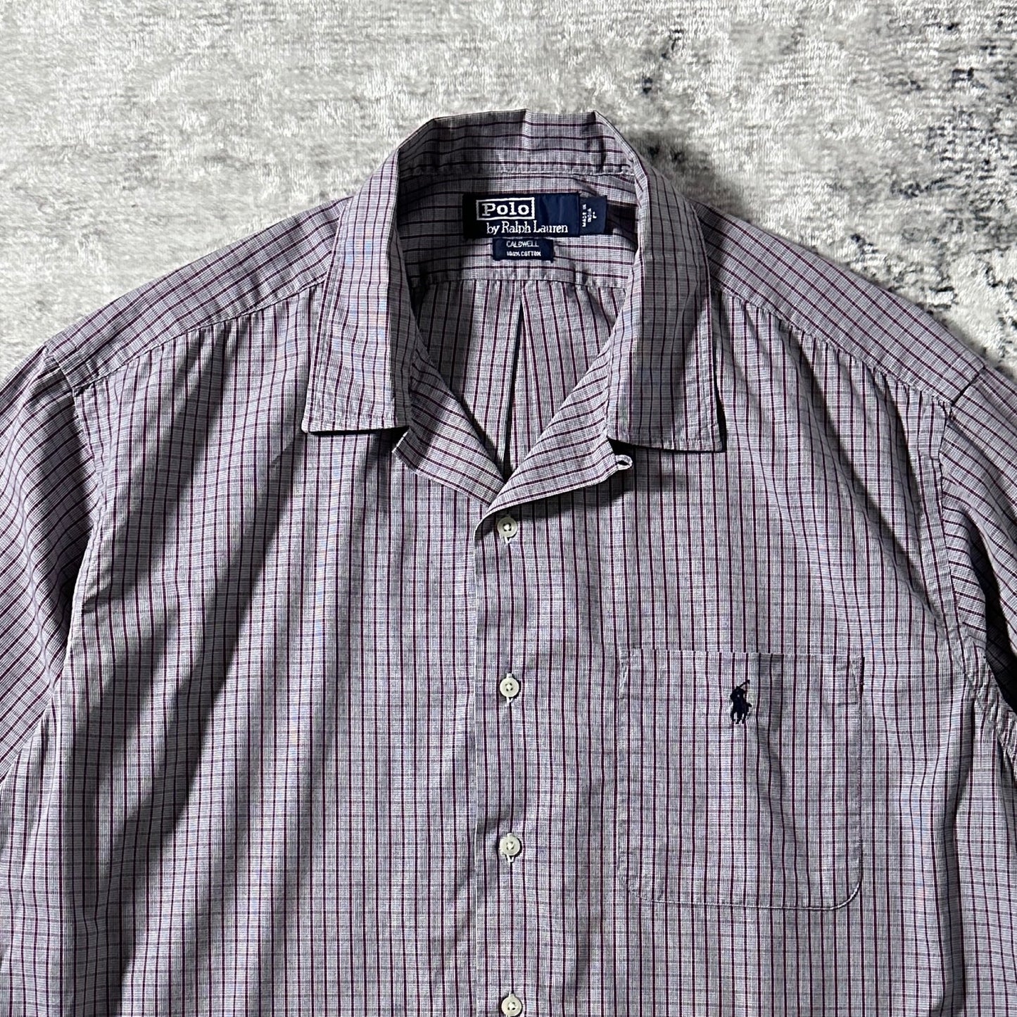 Caldwell 100% Cotton Gray Burgundy Check Short Sleeve Shirt – L Polo by Ralph Lauren