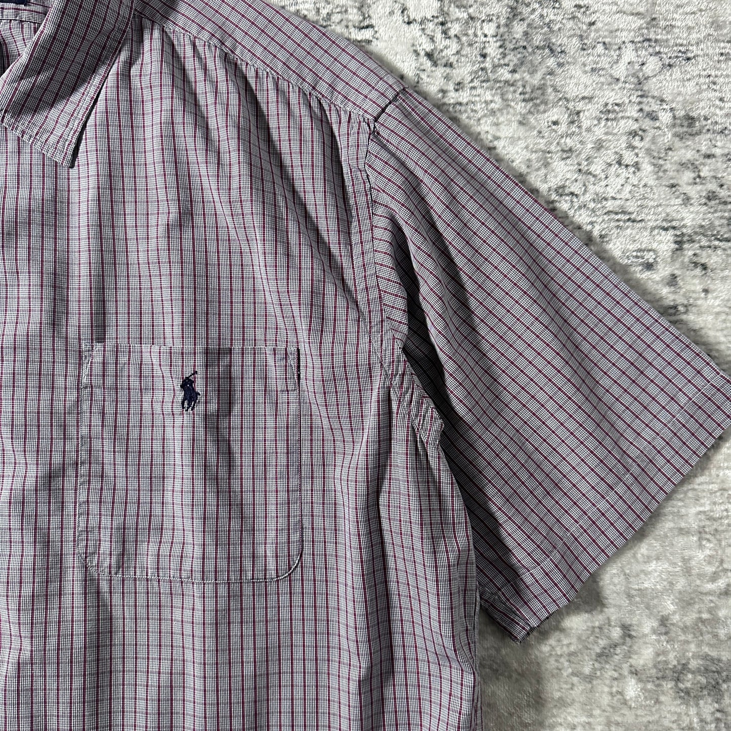 Caldwell 100% Cotton Gray Burgundy Check Short Sleeve Shirt – L Polo by Ralph Lauren