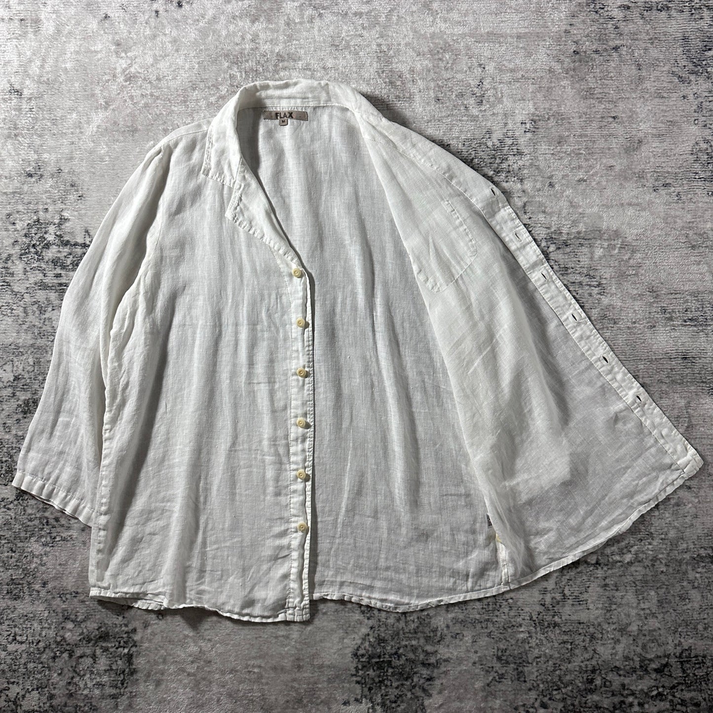 FLAX 100% Linen White Open Collar Shirt – M