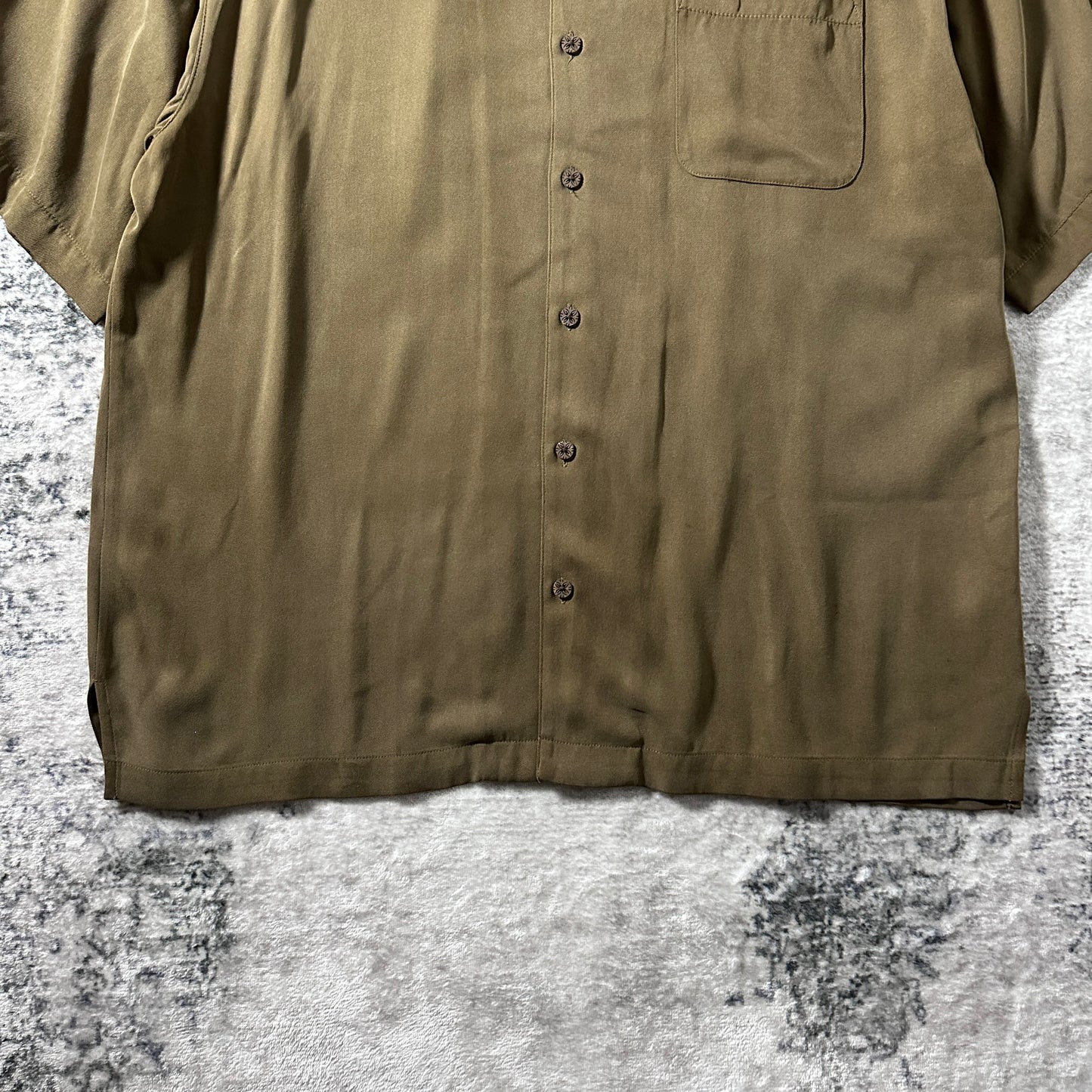 Tommy Bahama 100% Silk Olive Brown Short Sleeve Open Collar Shirt – XL