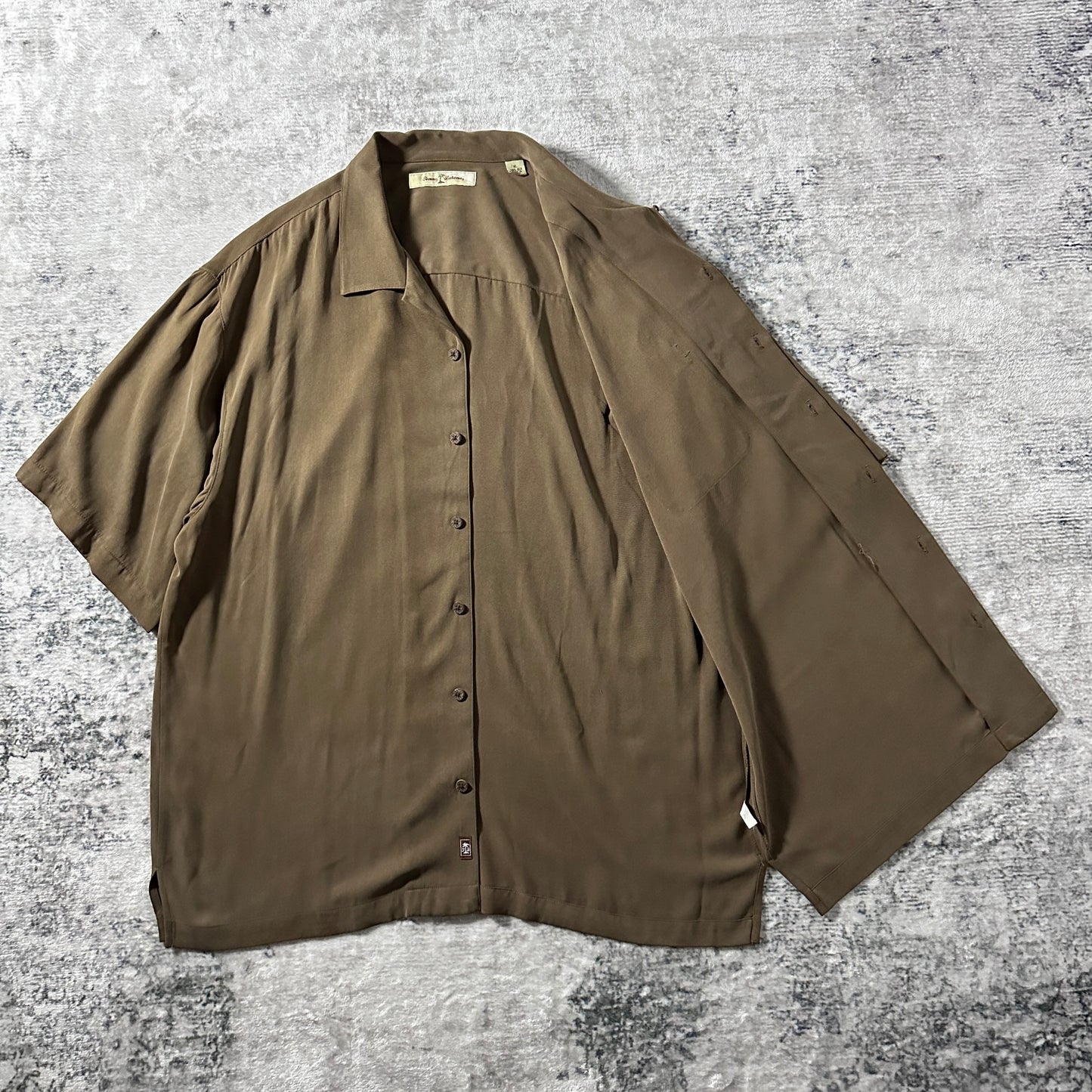 Tommy Bahama 100% Silk Olive Brown Short Sleeve Open Collar Shirt – XL
