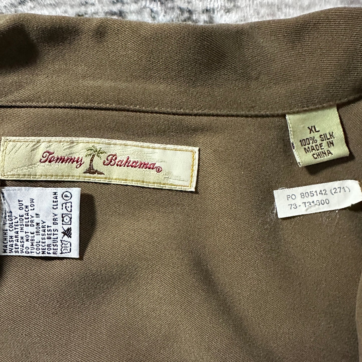 Tommy Bahama 100% Silk Olive Brown Short Sleeve Open Collar Shirt – XL
