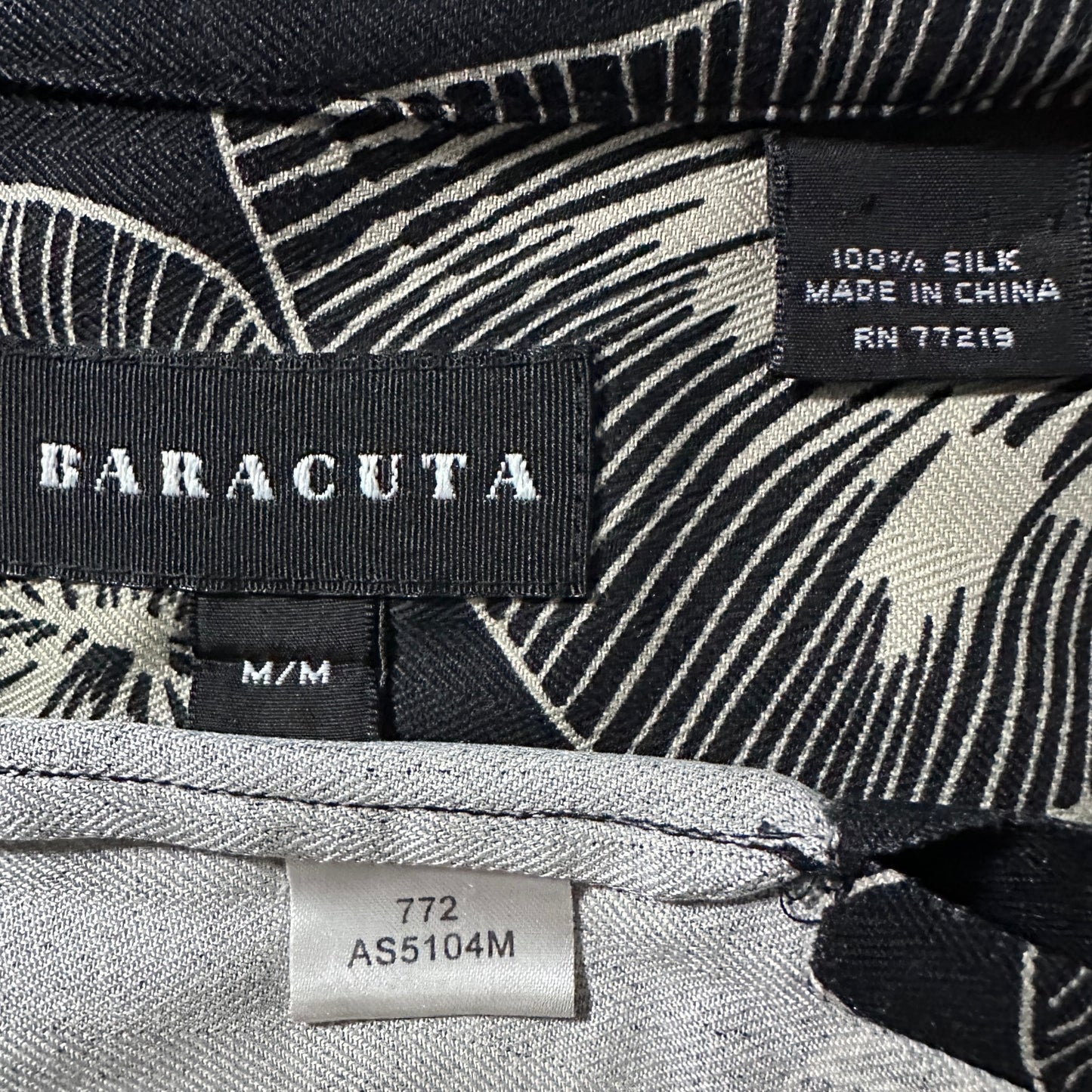 BARACUTA 100% Silk Black Leaf Print Short Sleeve Open Collar Shirt – M