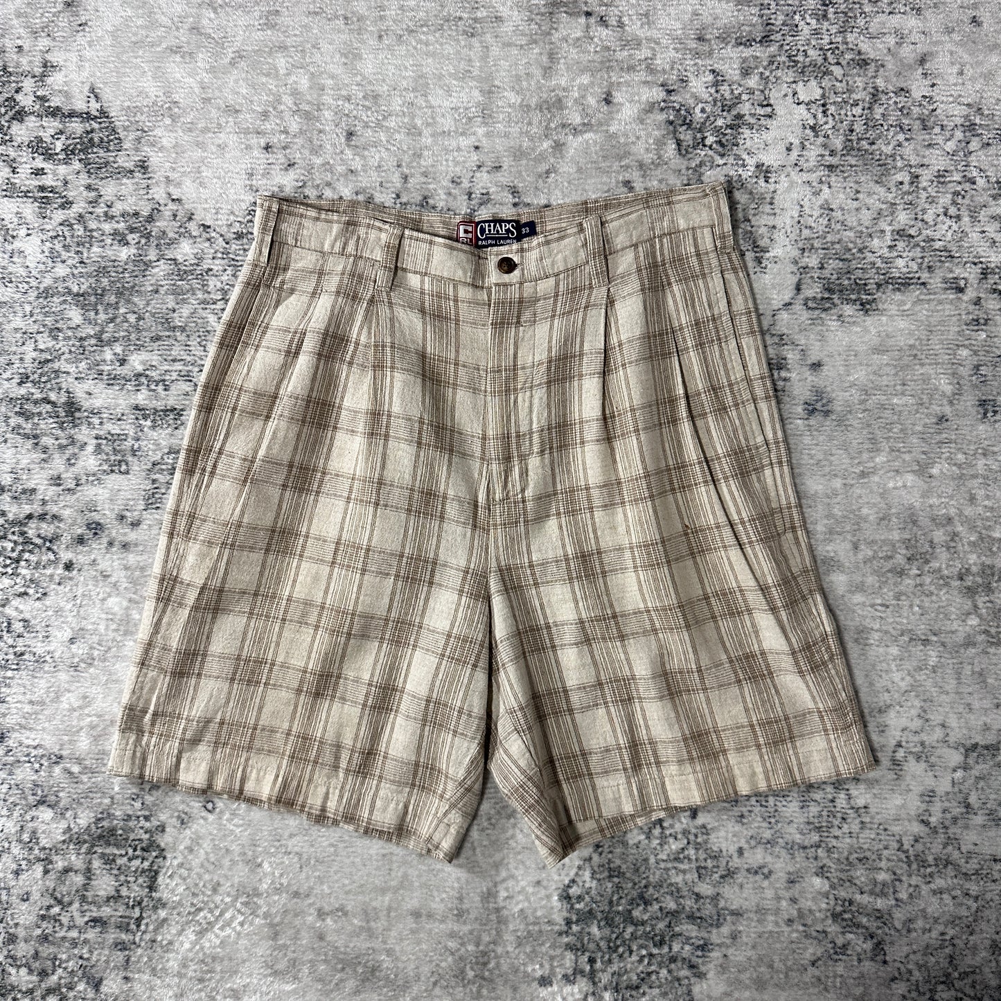 Beige Linen Cotton Plaid Pleated Shorts W33 CHAPS Ralph Lauren
