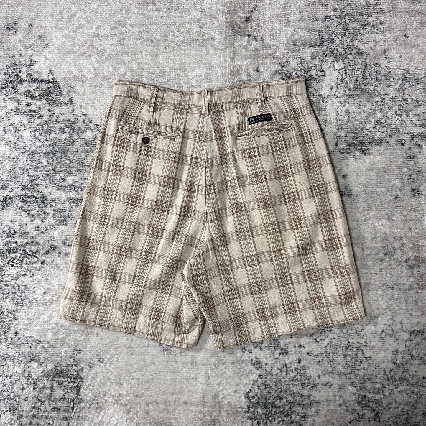 Beige Linen Cotton Plaid Pleated Shorts W33 CHAPS Ralph Lauren