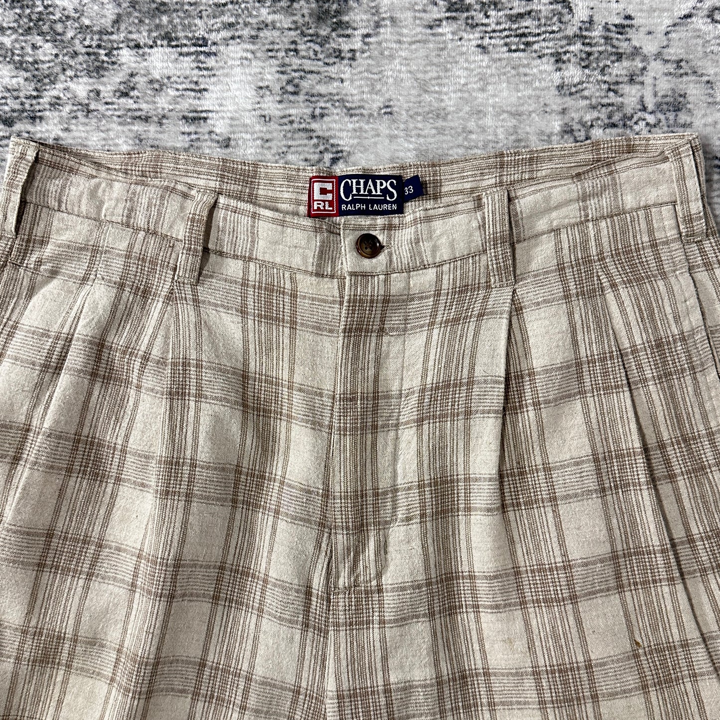 Beige Linen Cotton Plaid Pleated Shorts W33 CHAPS Ralph Lauren