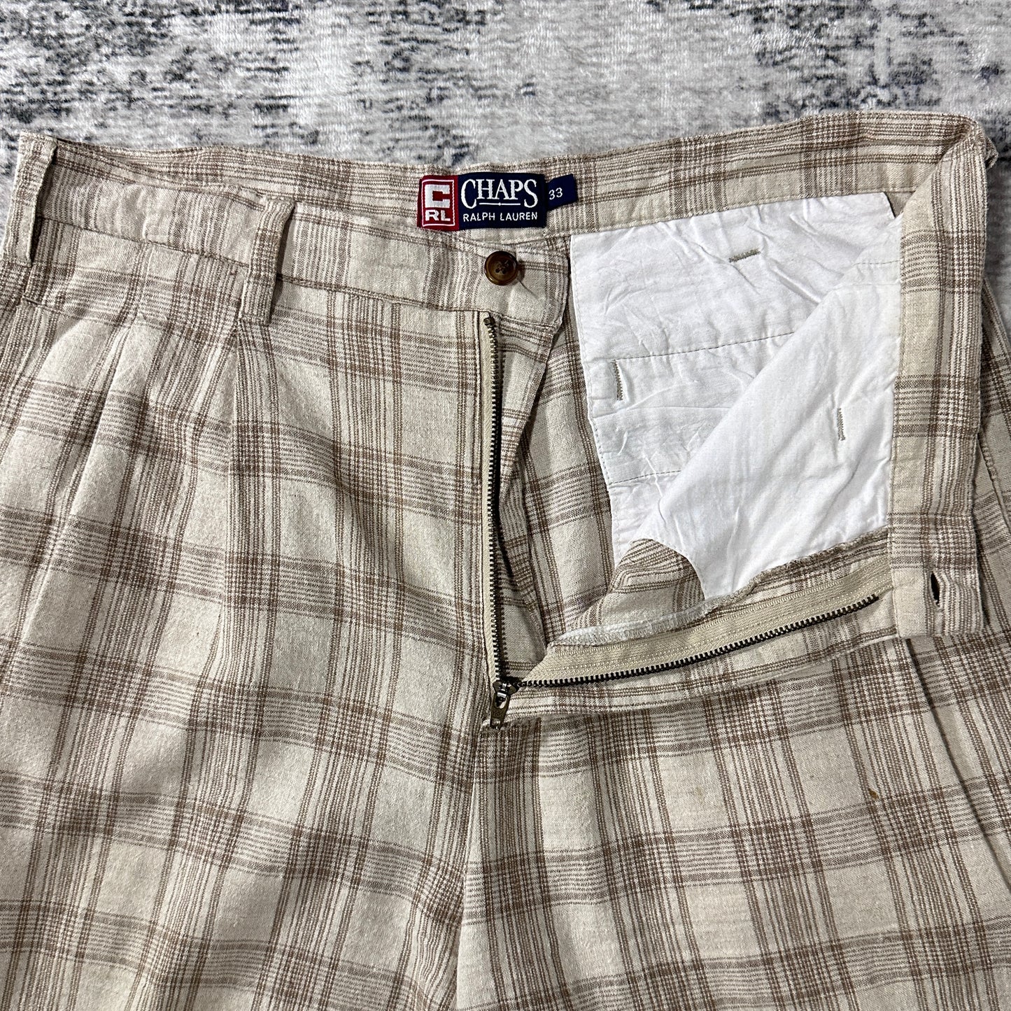 Beige Linen Cotton Plaid Pleated Shorts W33 CHAPS Ralph Lauren