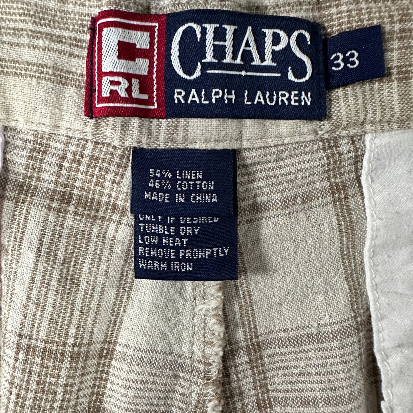 Beige Linen Cotton Plaid Pleated Shorts W33 CHAPS Ralph Lauren