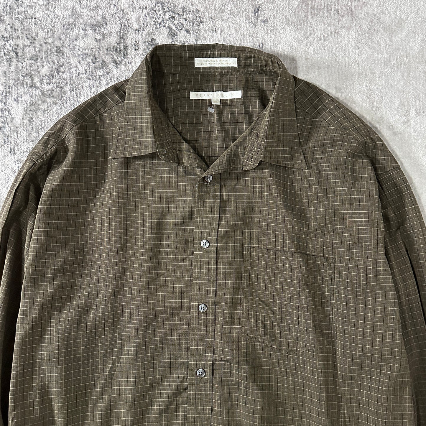 100% Rayon Grid Check Shirt Brown Size XL Perry Ellis Portfolio