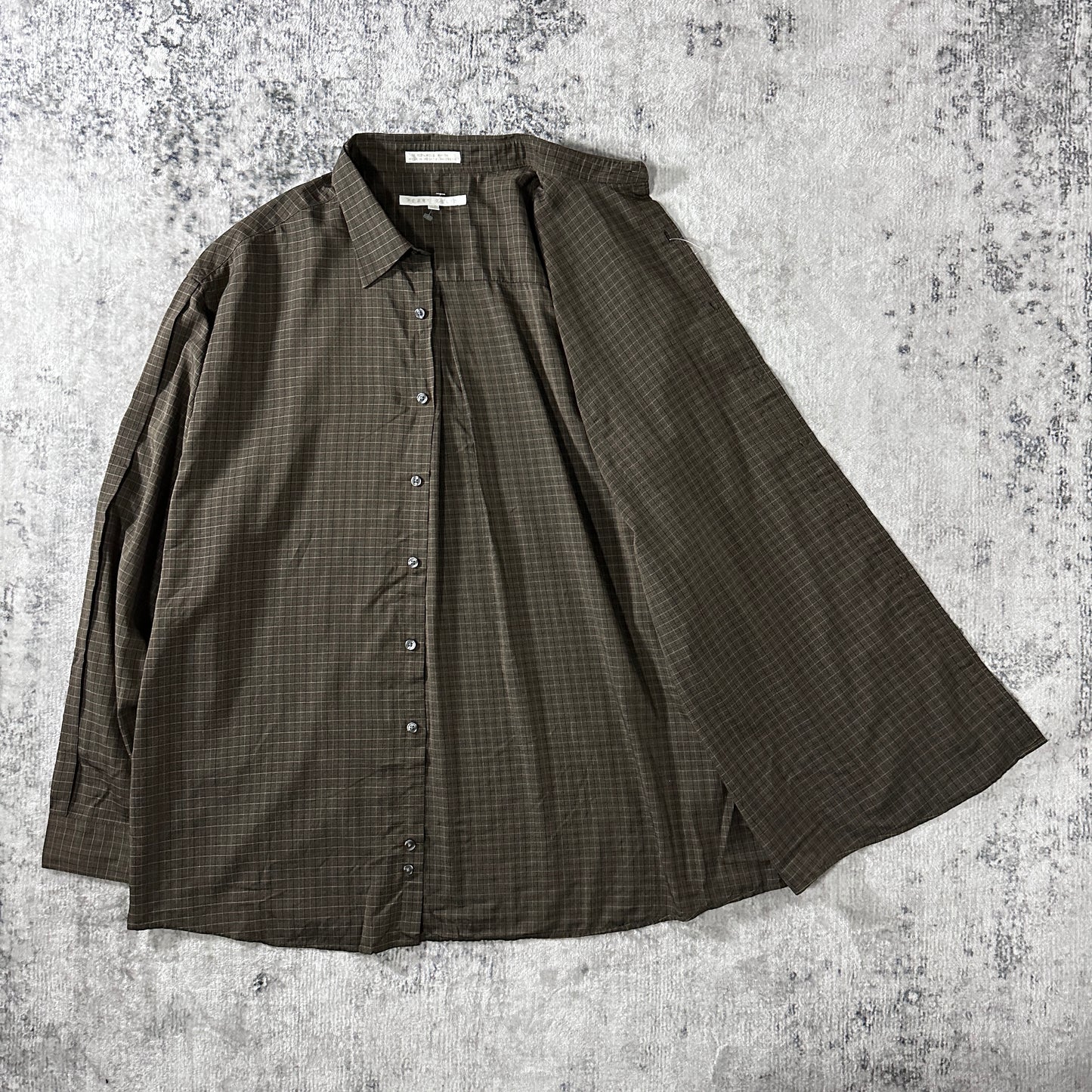 100% Rayon Grid Check Shirt Brown Size XL Perry Ellis Portfolio