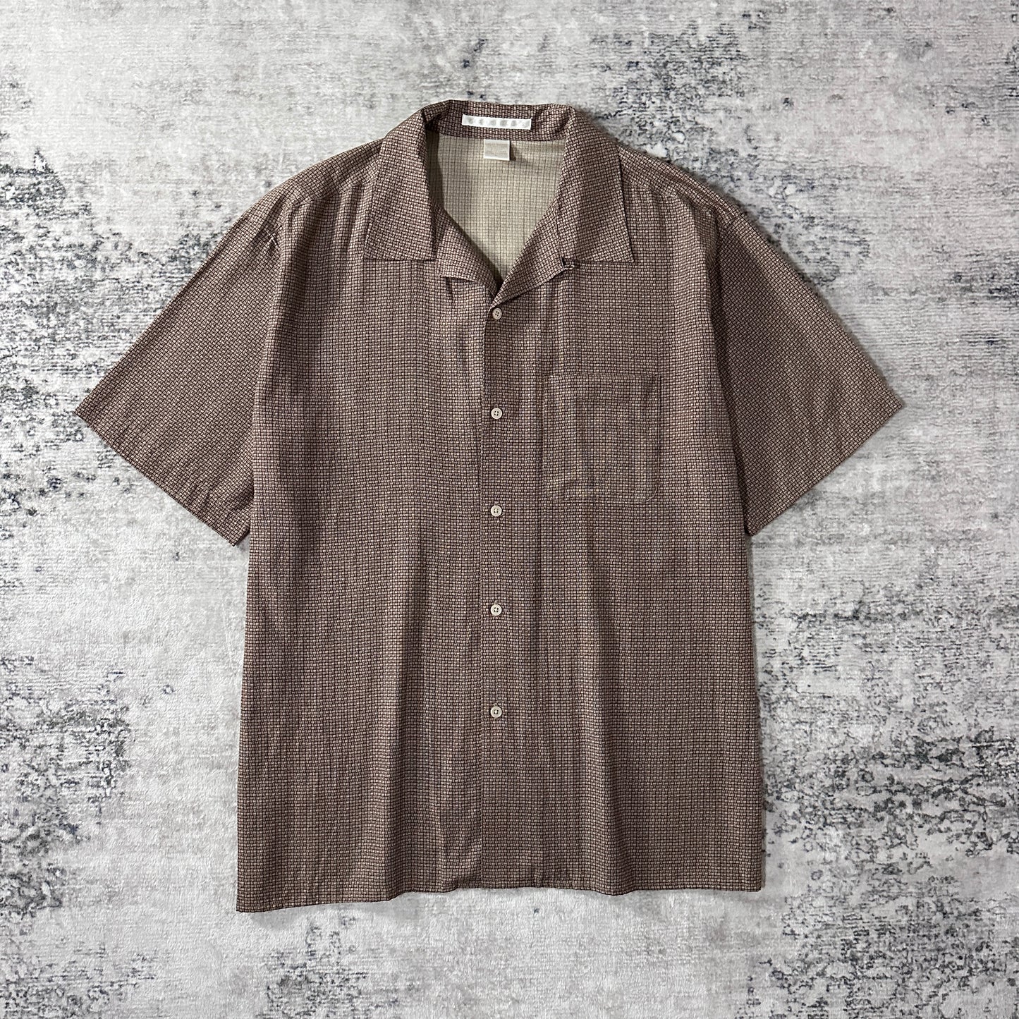 Perry Ellis Silk Cotton Short Sleeve Shirt Brown Geometric Pattern L