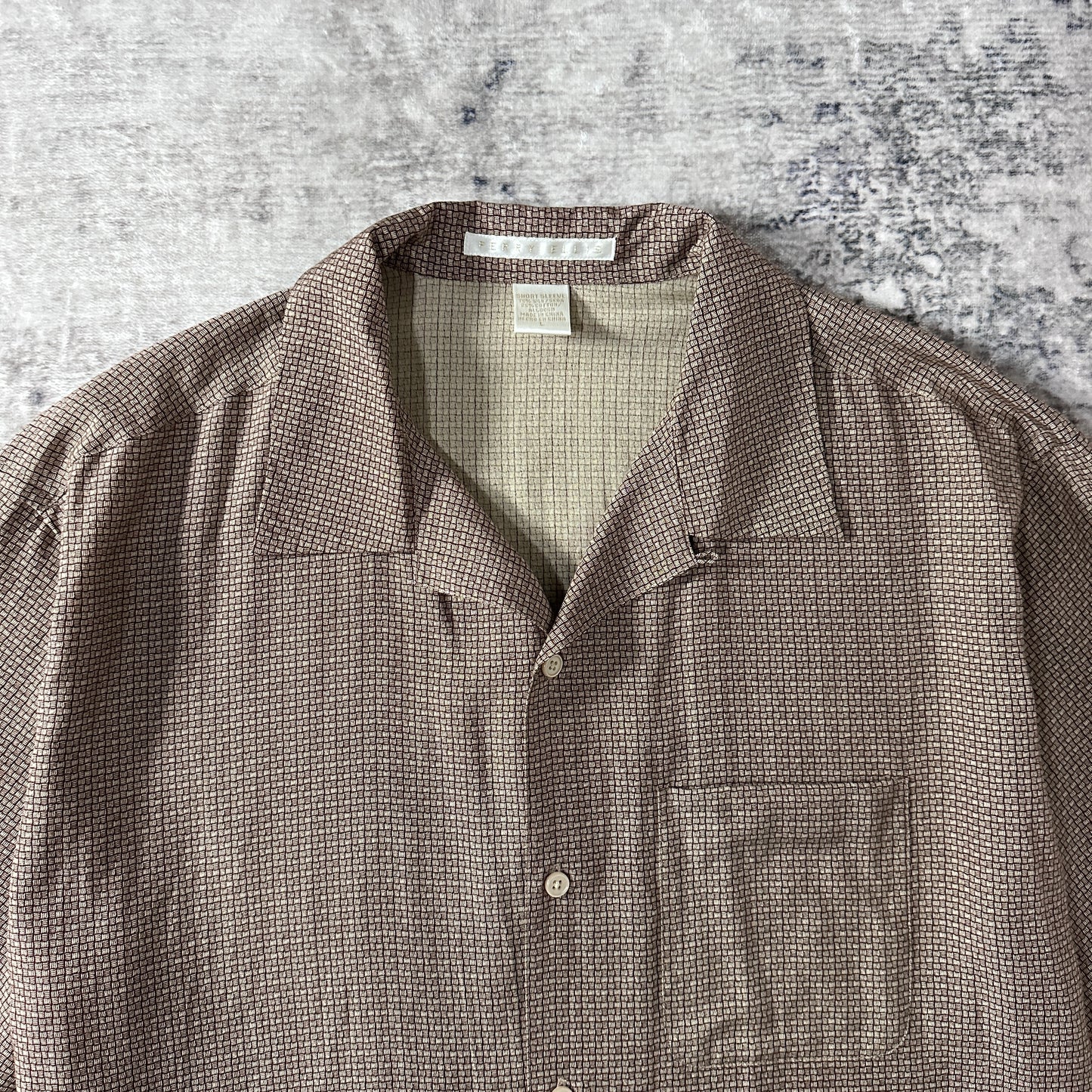 Perry Ellis Silk Cotton Short Sleeve Shirt Brown Geometric Pattern L