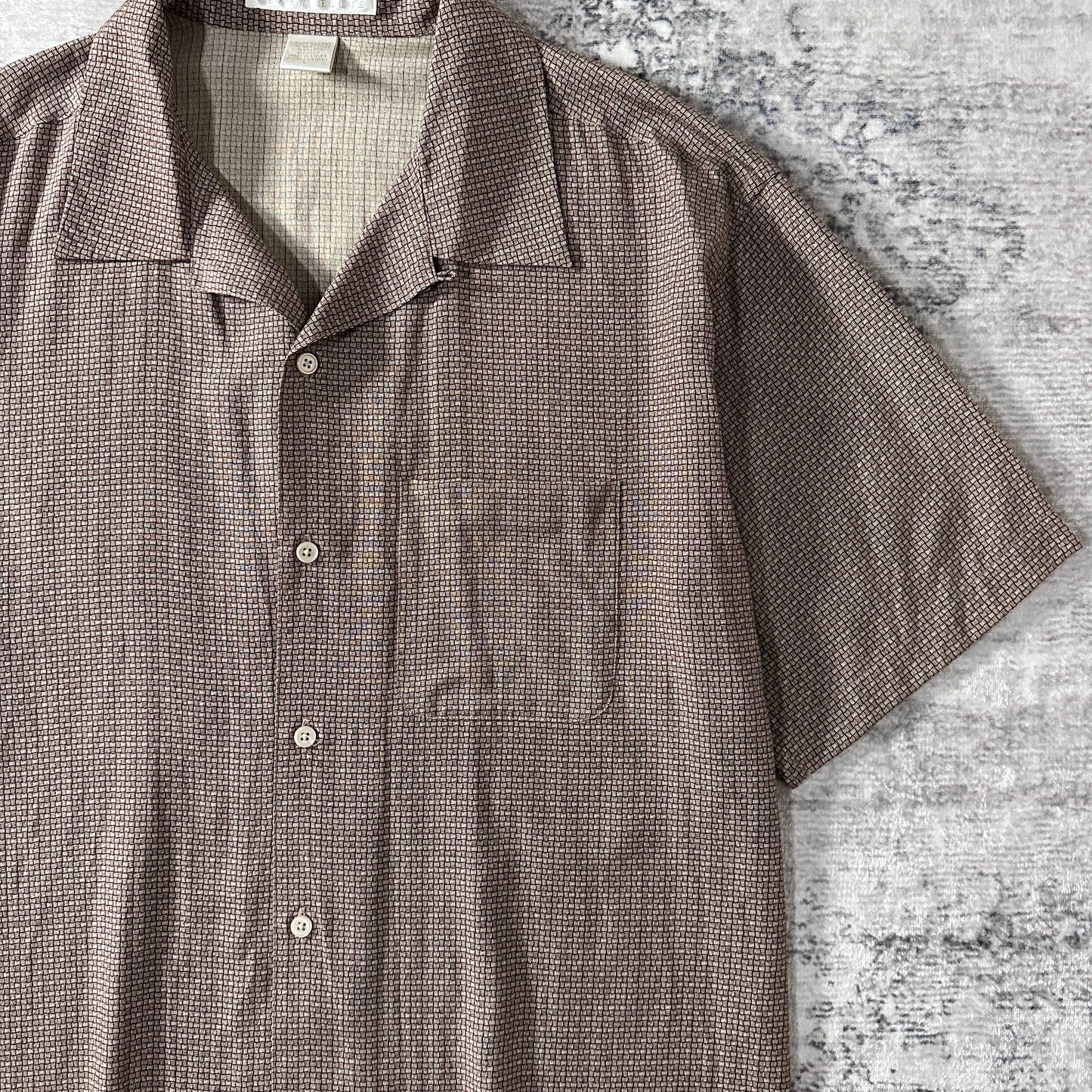 Perry Ellis Silk Cotton Short Sleeve Shirt Brown Geometric Pattern L