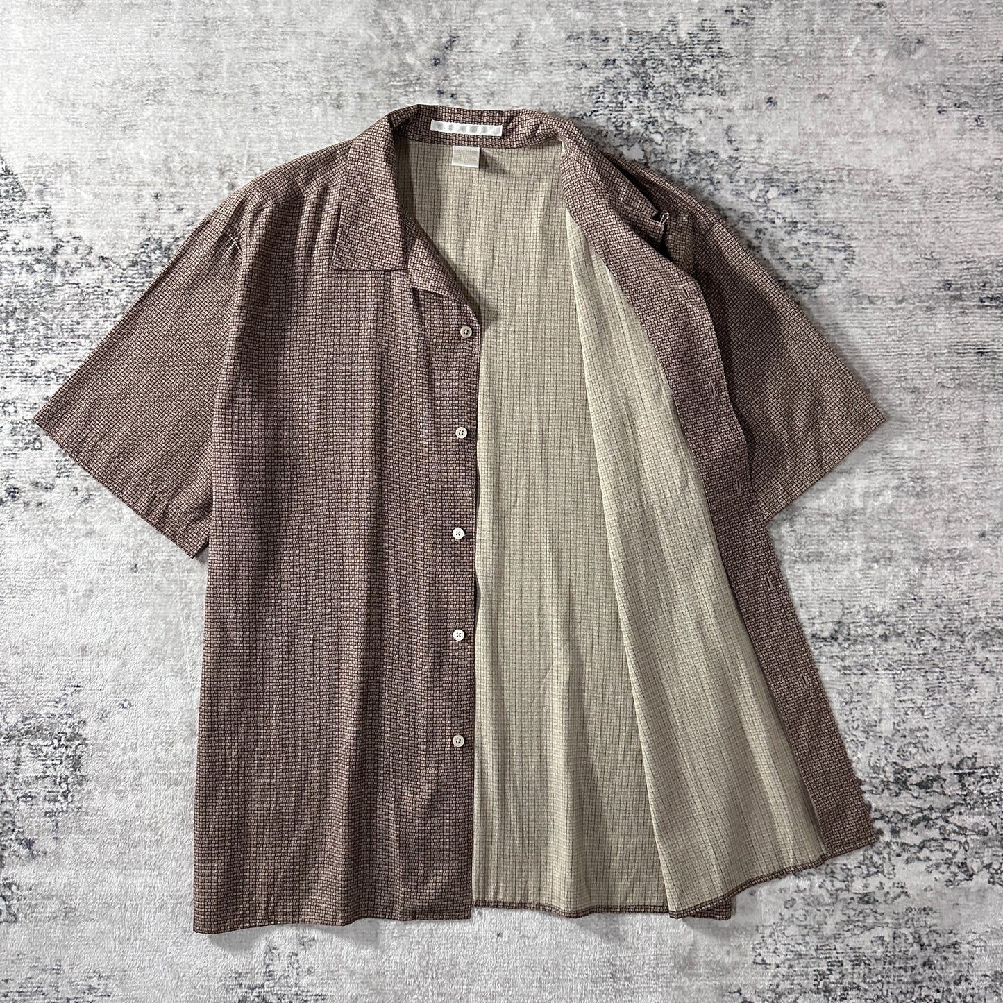 Perry Ellis Silk Cotton Short Sleeve Shirt Brown Geometric Pattern L