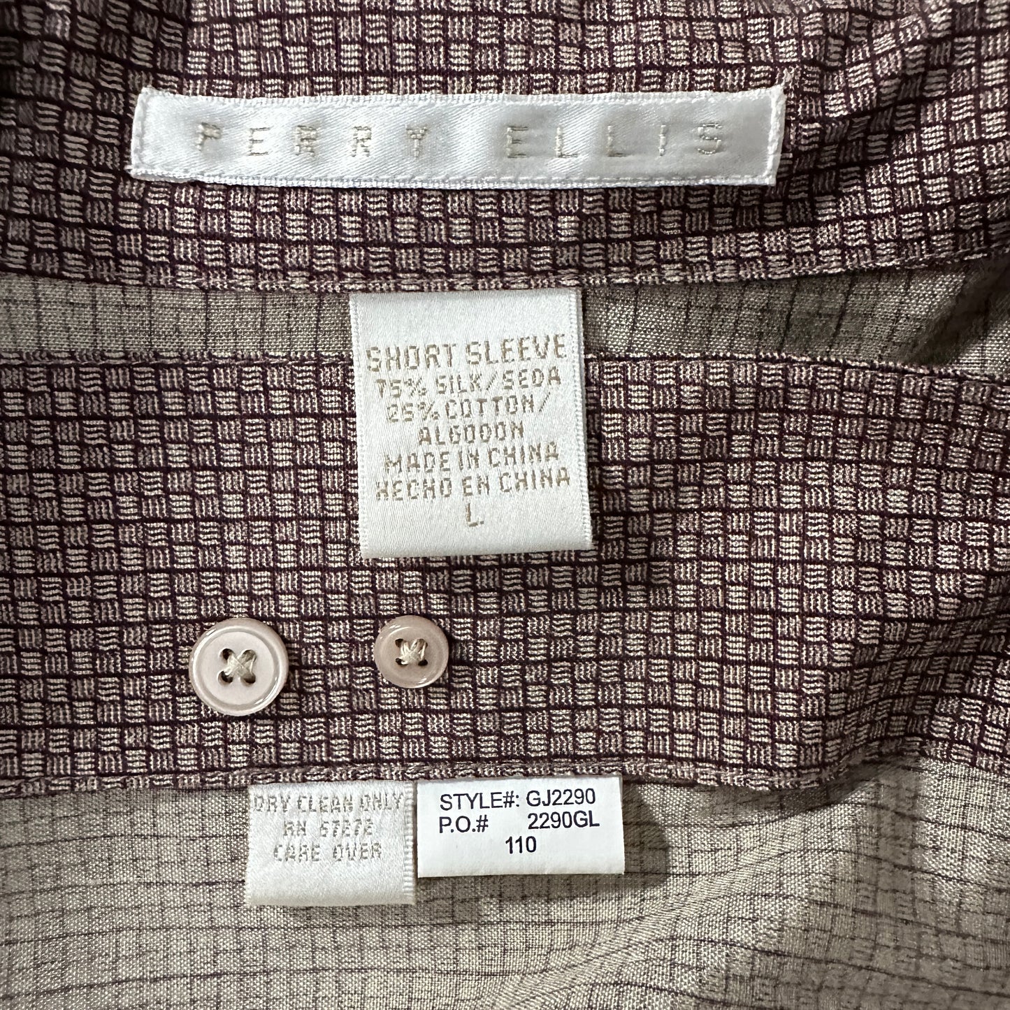 Perry Ellis Silk Cotton Short Sleeve Shirt Brown Geometric Pattern L