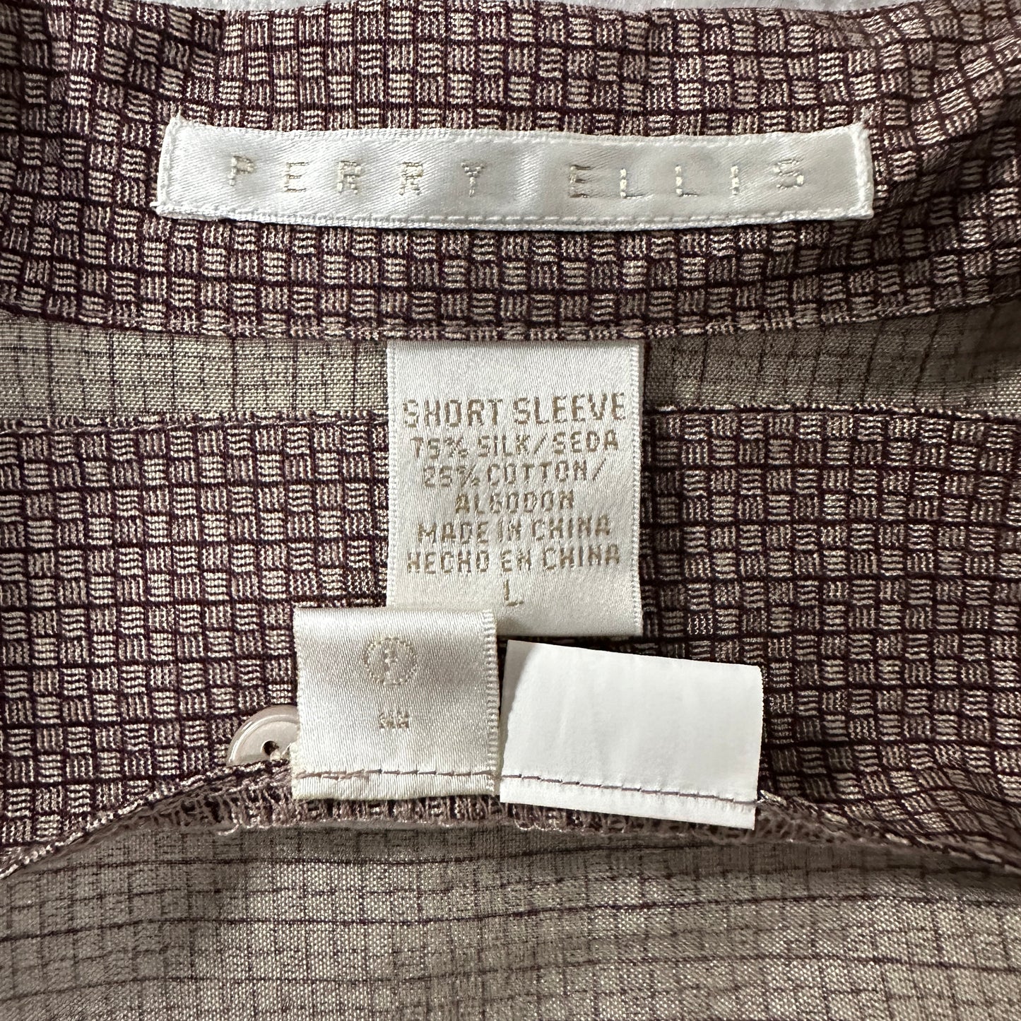 Perry Ellis Silk Cotton Short Sleeve Shirt Brown Geometric Pattern L