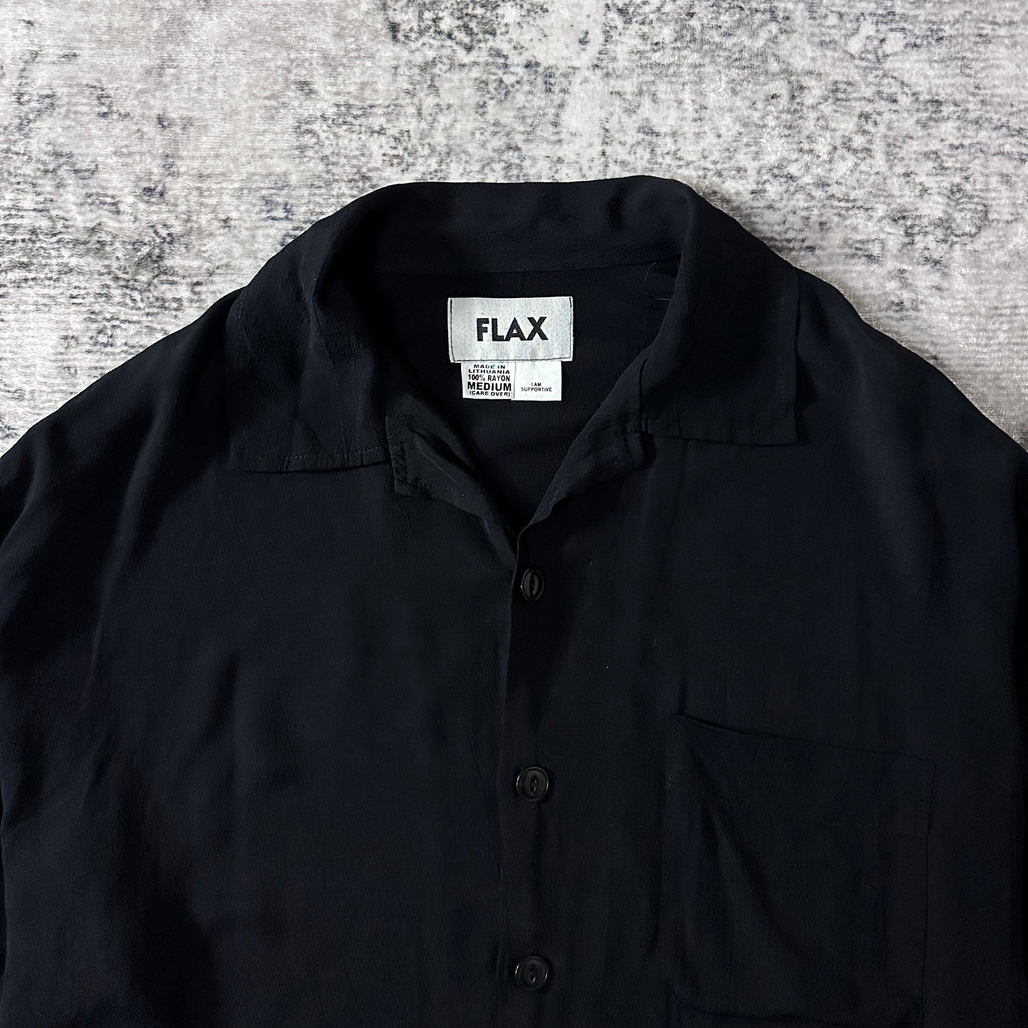 FLAX Black Rayon Short Sleeve Shirt Size Medium