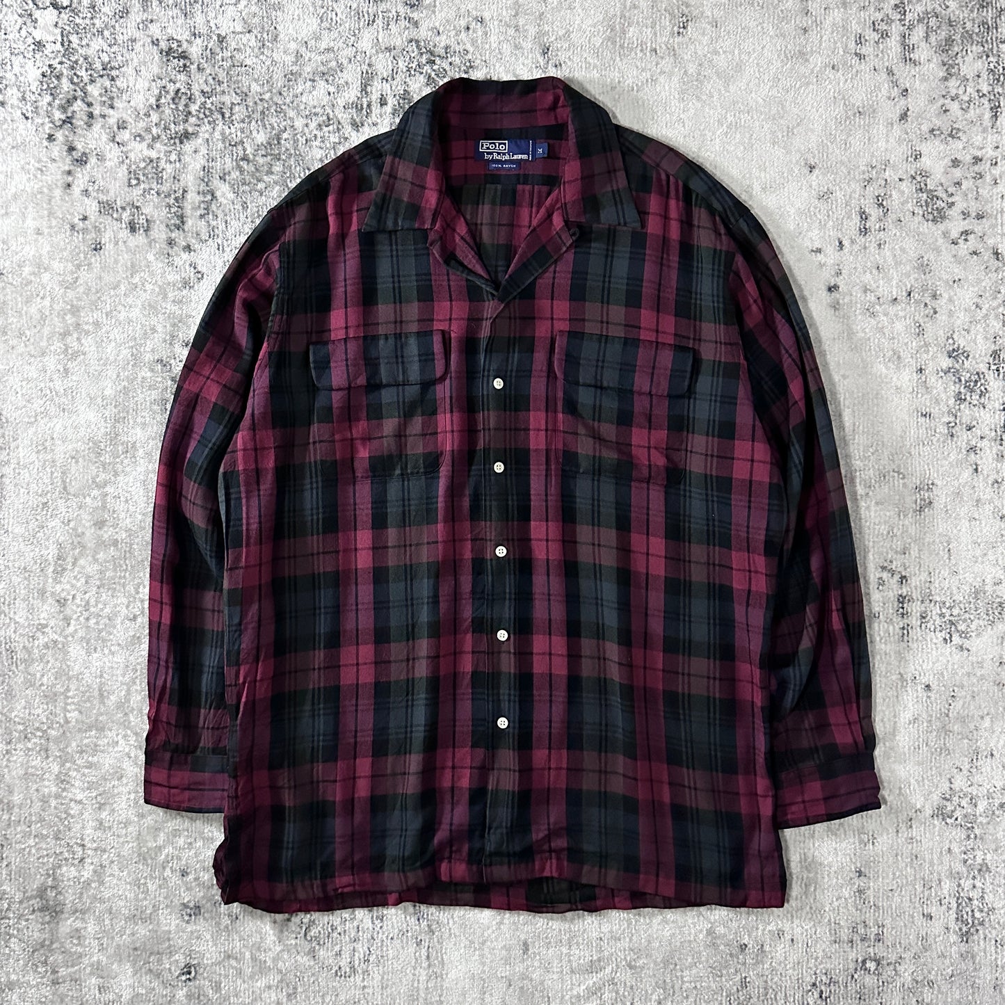 100% Rayon Polo by Ralph Lauren Plaid Shirt Burgundy Black Size M
