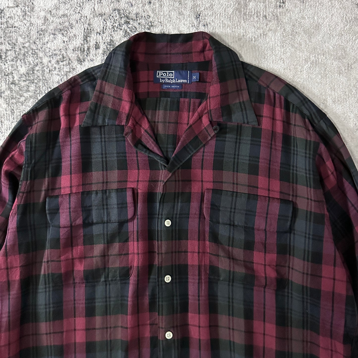 100% Rayon Polo by Ralph Lauren Plaid Shirt Burgundy Black Size M