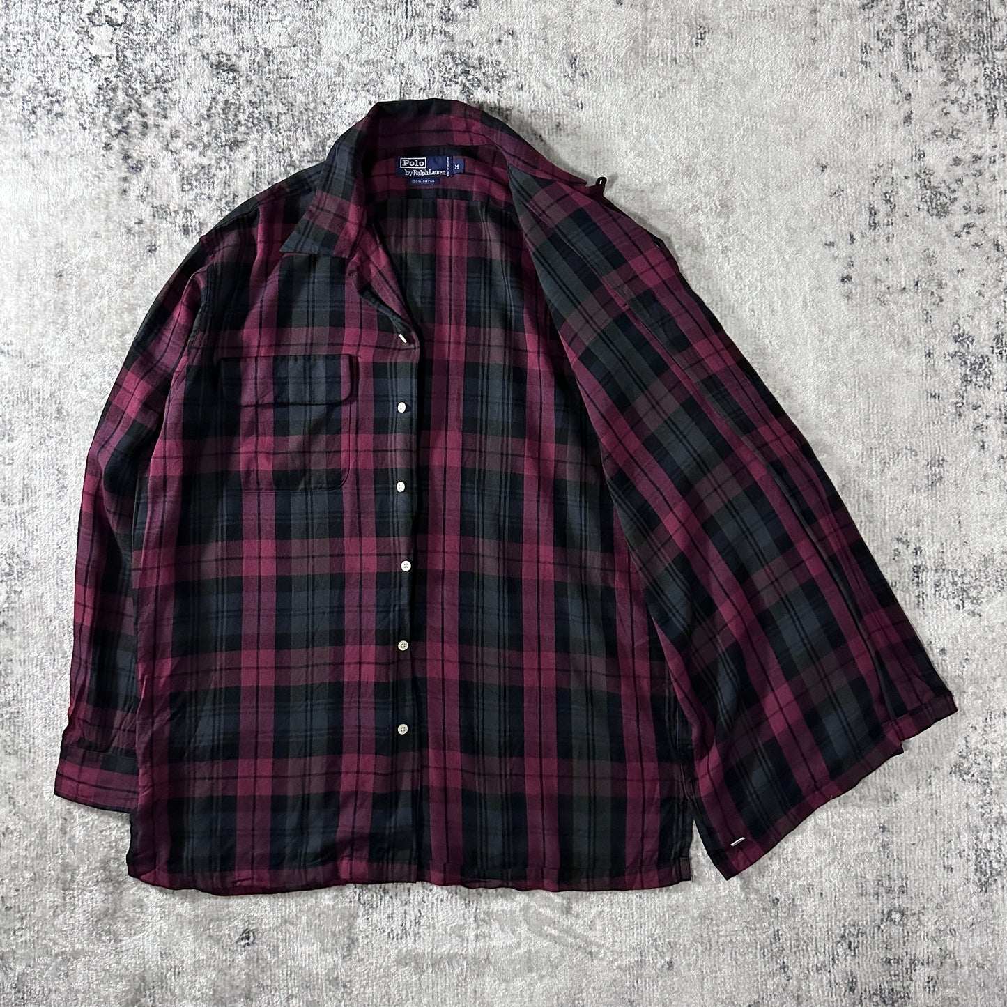 100% Rayon Polo by Ralph Lauren Plaid Shirt Burgundy Black Size M