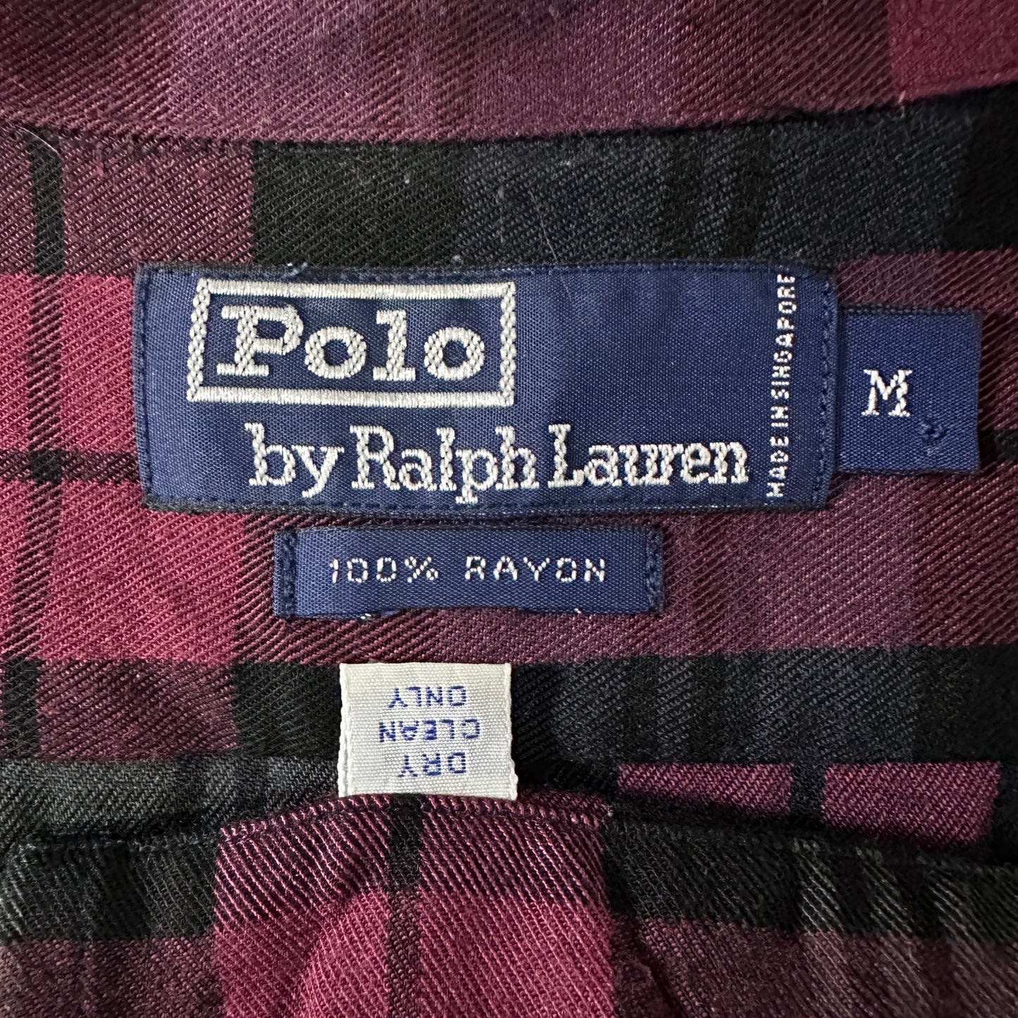 100% Rayon Polo by Ralph Lauren Plaid Shirt Burgundy Black Size M