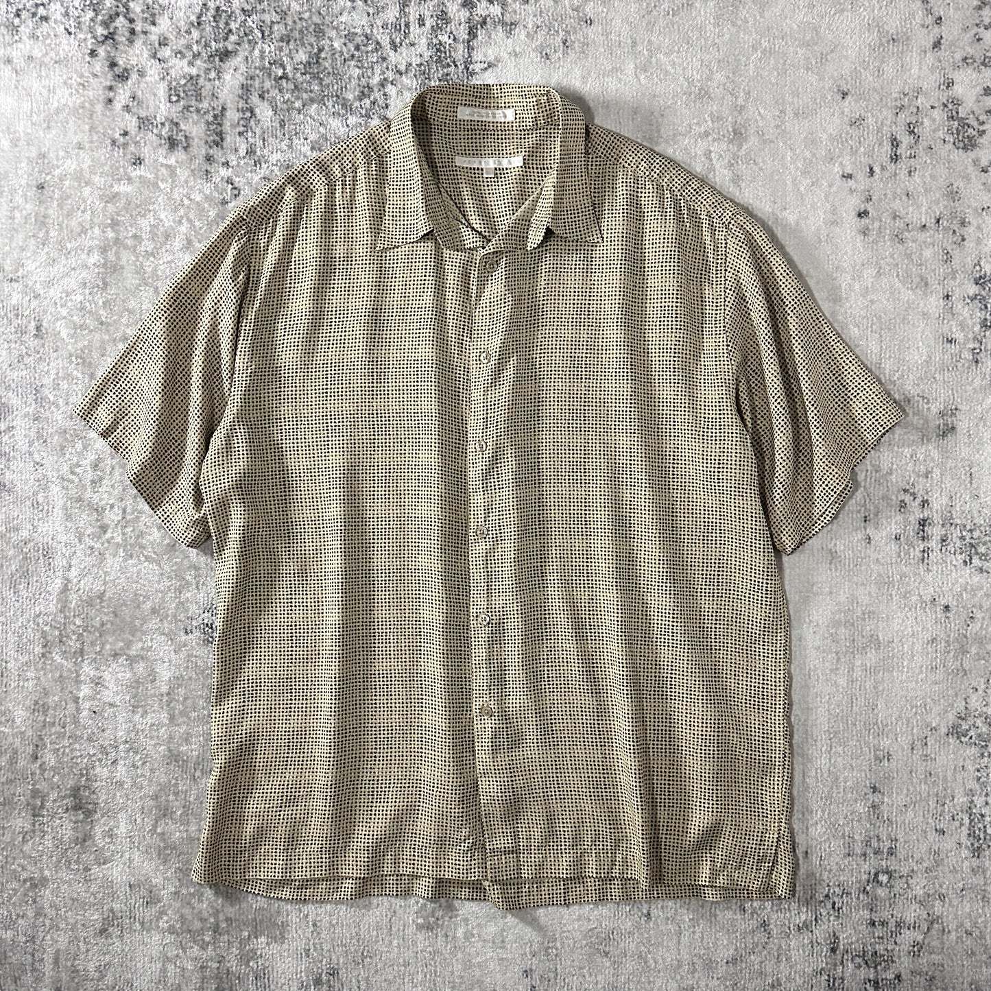 Perry Ellis 100% Silk Dot Pattern Short Sleeve Shirt Beige Black Size XL