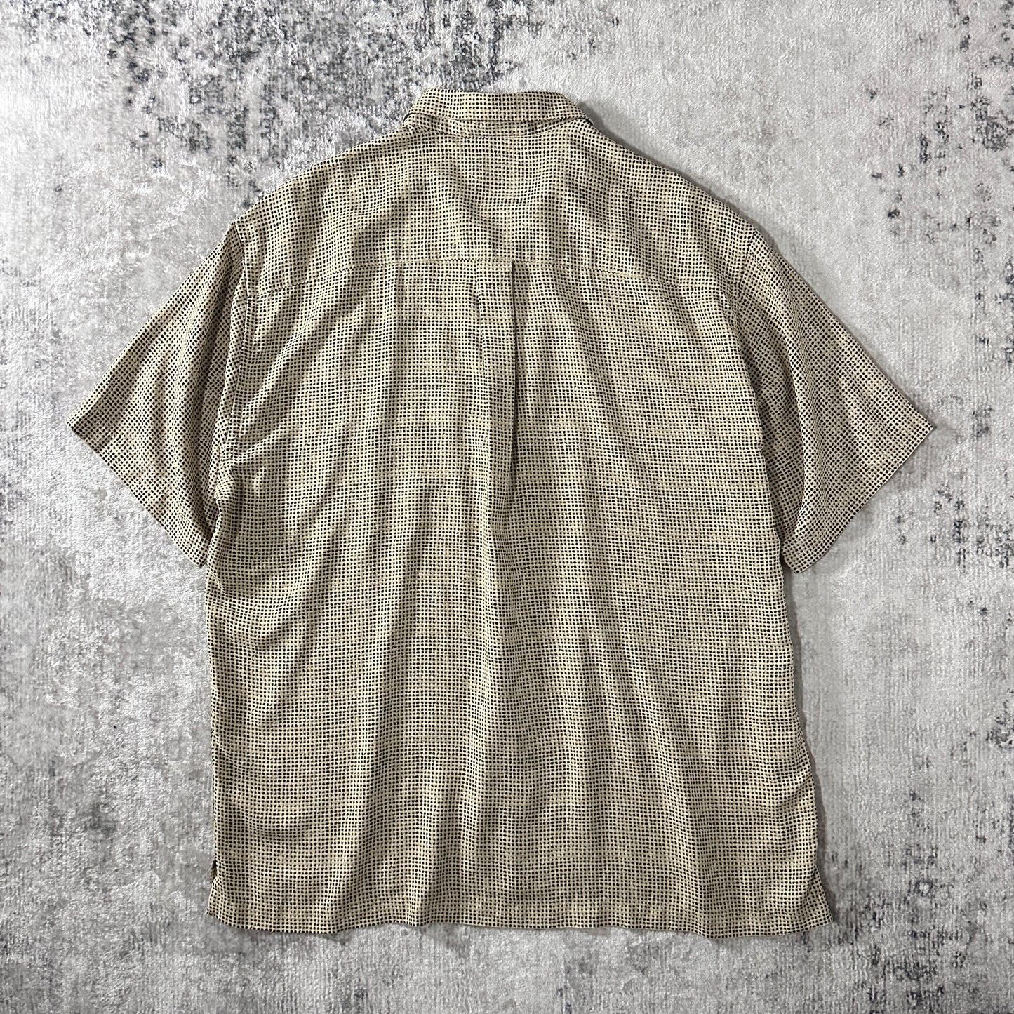 Perry Ellis 100% Silk Dot Pattern Short Sleeve Shirt Beige Black Size XL