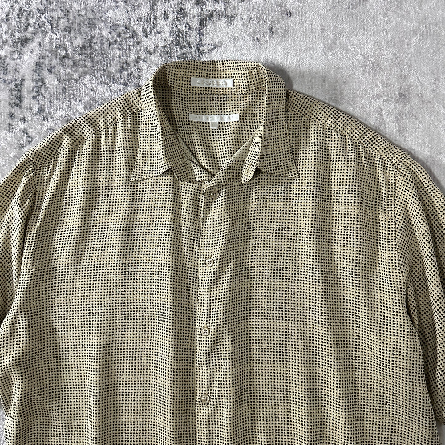 Perry Ellis 100% Silk Dot Pattern Short Sleeve Shirt Beige Black Size XL